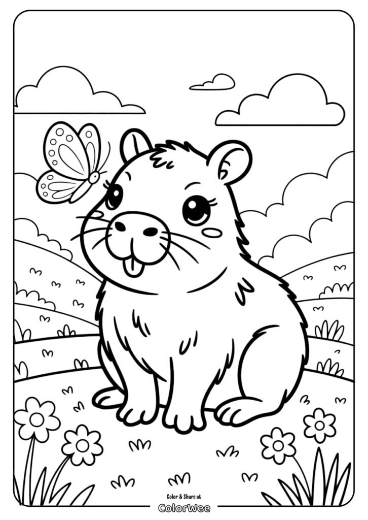 kawaii capybara with butterfly coloring page page 0001 Cute capybara with butterfly, flowers, and clouds coloring page.