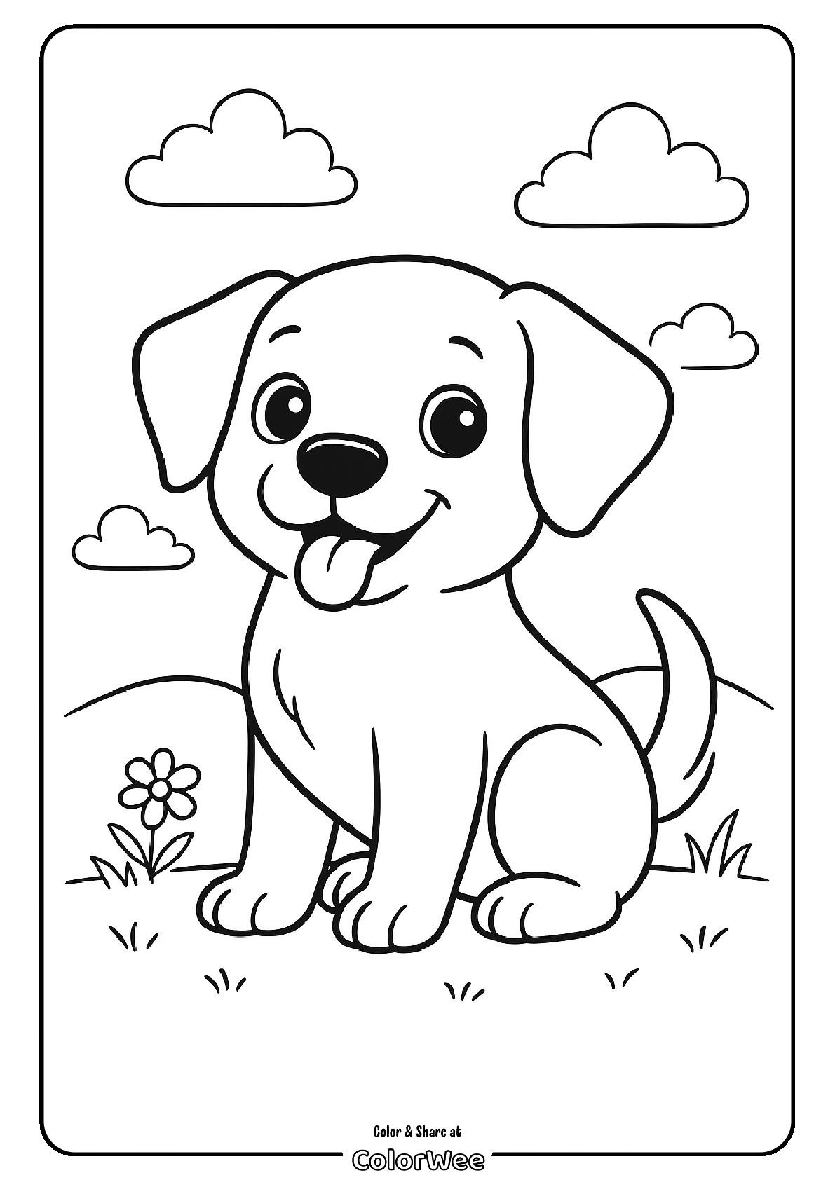 Cute puppy coloring page with clouds and flower.