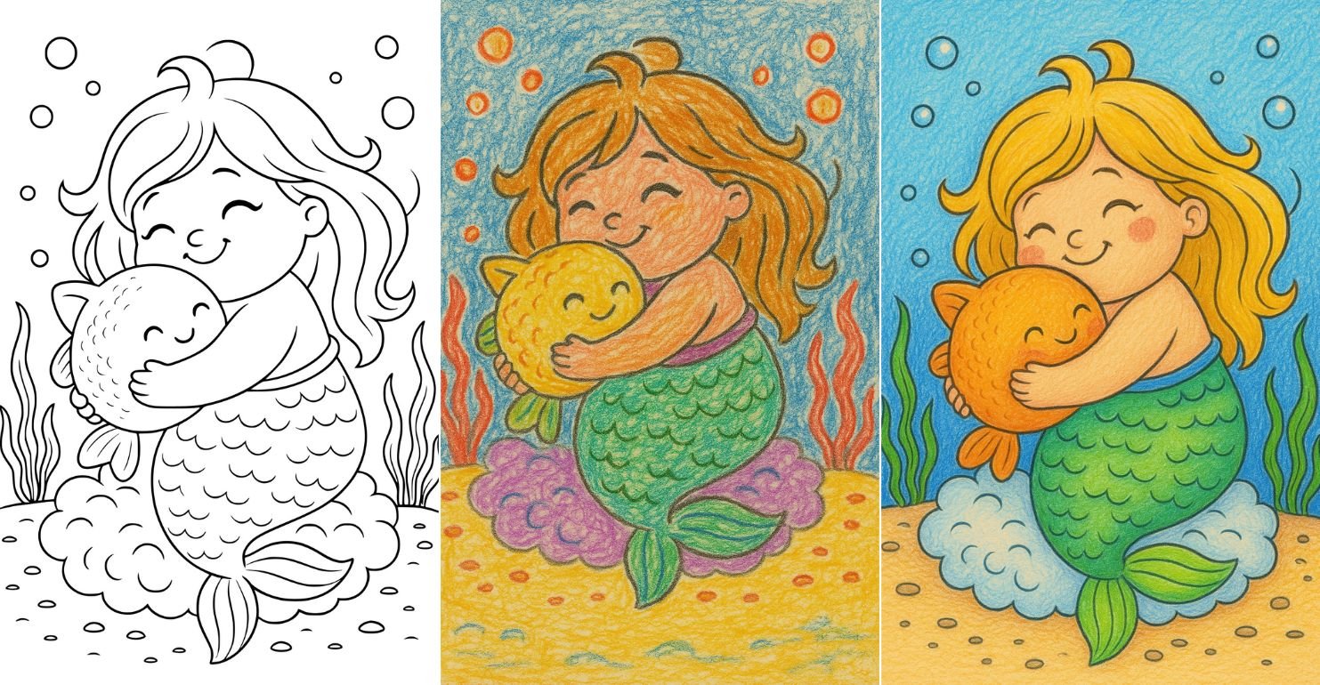 Cute mermaid hugging fish coloring page for kids.