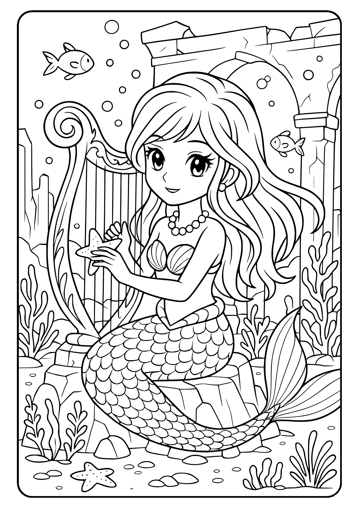 mermaid playing harp coloring page final Mermaid coloring page with harp and underwater scene.