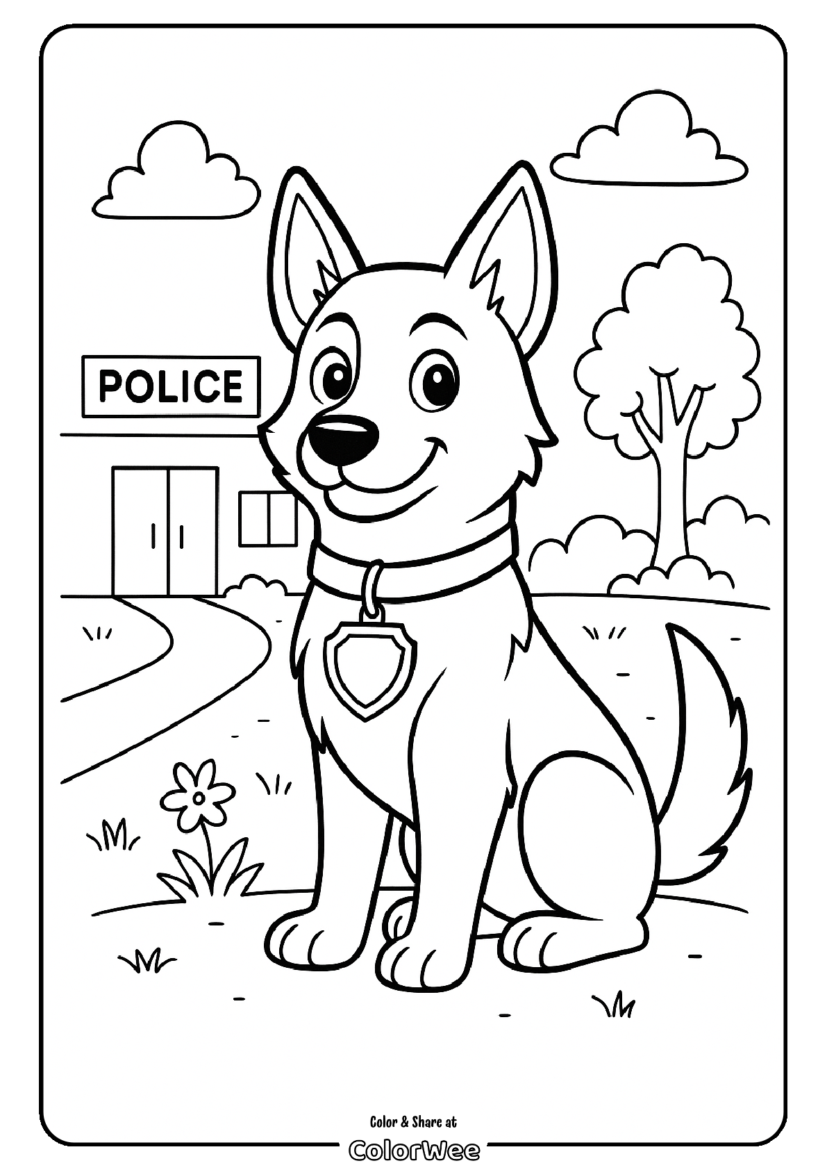 Police dog coloring page with badge and station in background.