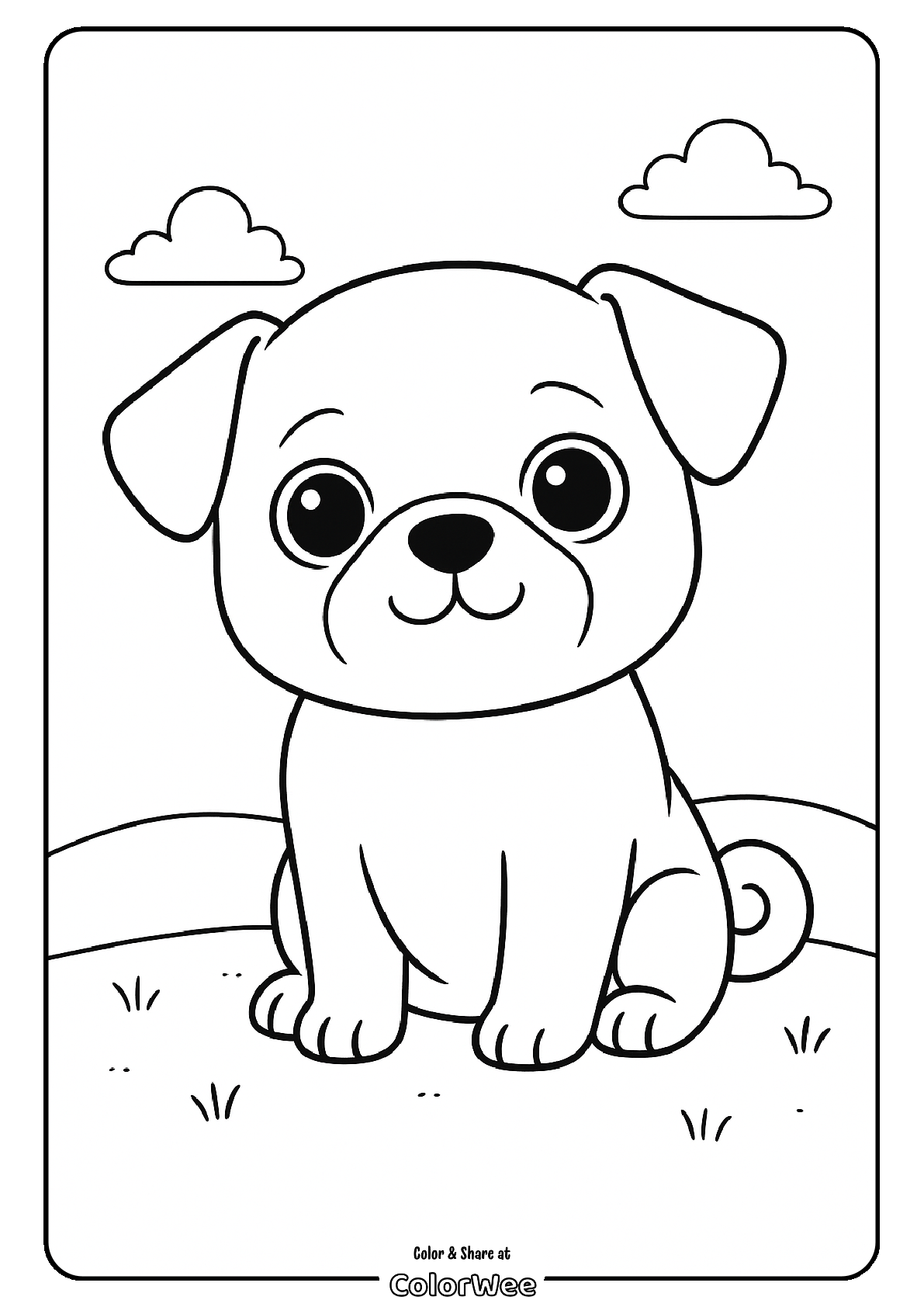 Cute puppy coloring page with a cloudy sky background.