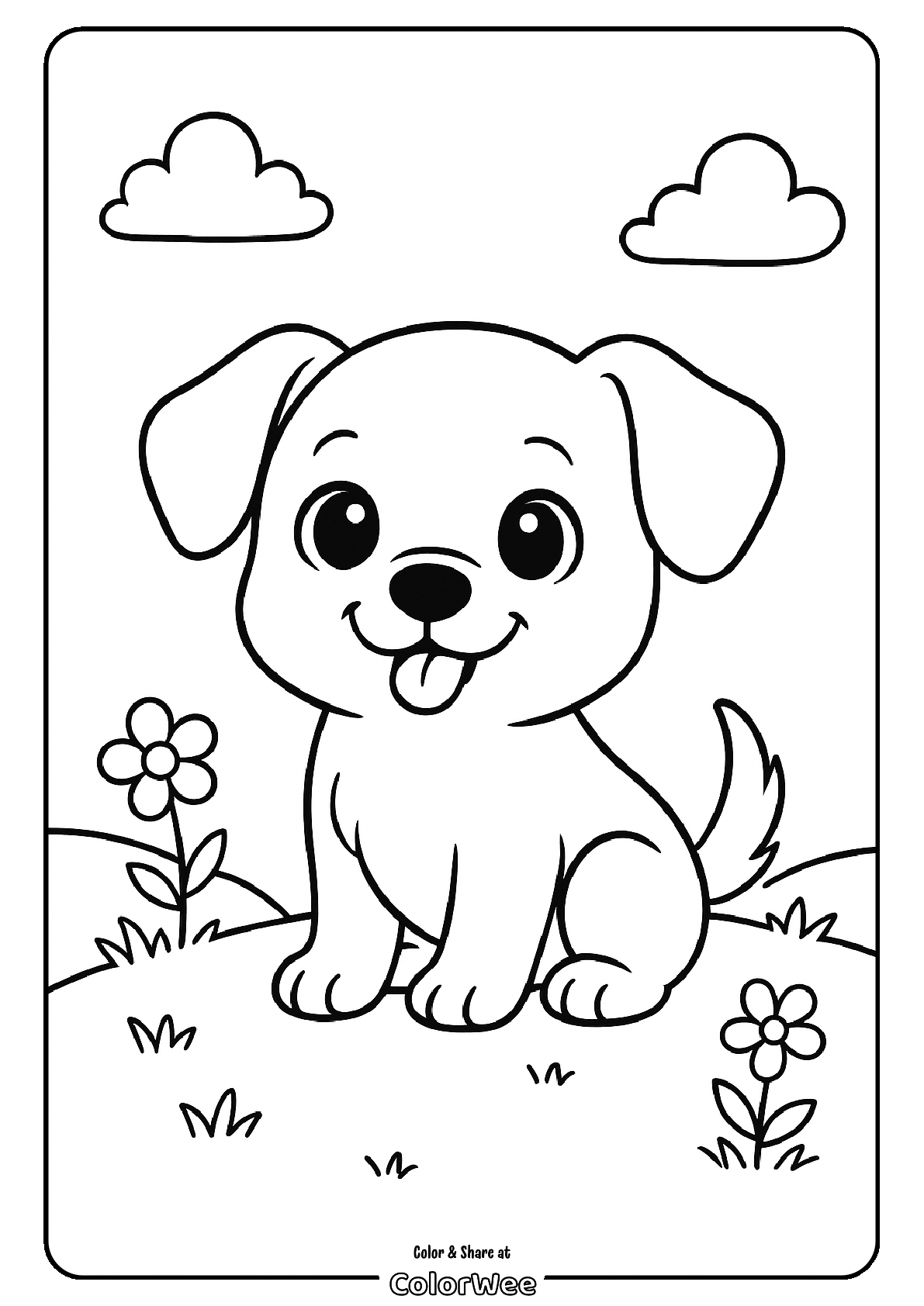 Cute puppy coloring page with flowers and clouds.
