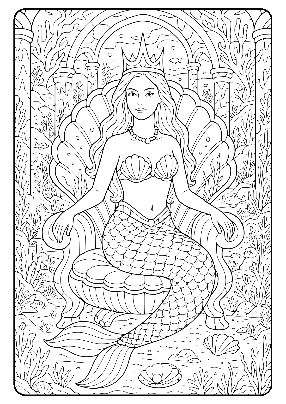 queen mermaid seashell throne coloring sheet Mermaid queen on seashell throne coloring page.