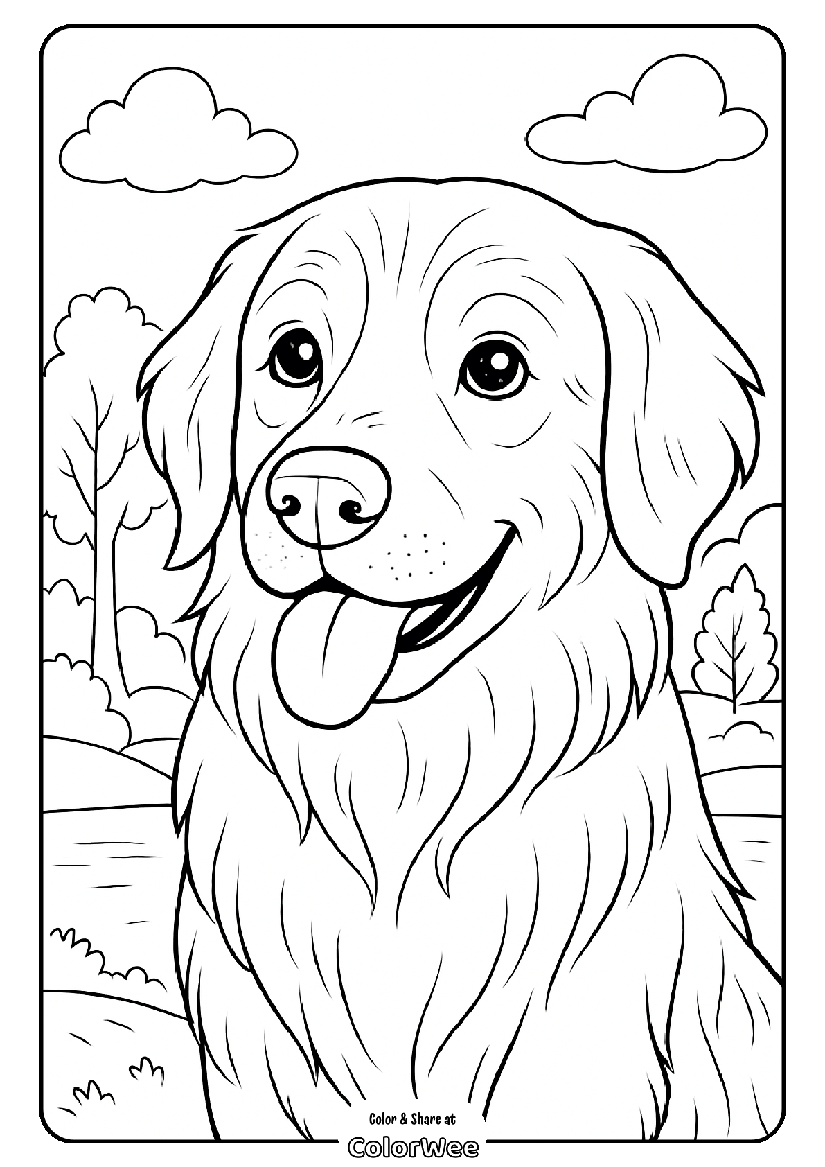 Golden Retriever coloring page for kids and dog lovers.