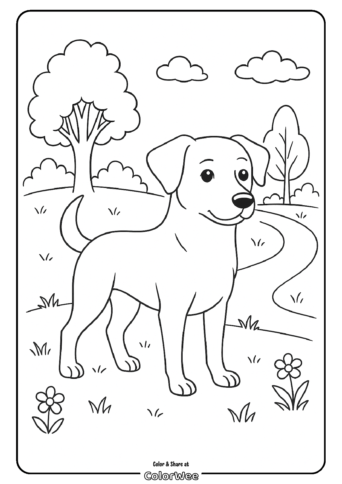 Cute dog coloring page with trees and flowers in the background.
