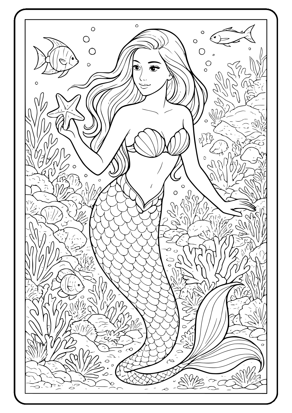 realistic mermaid coral reef coloring sheet Mermaid coloring page with starfish and ocean scene.