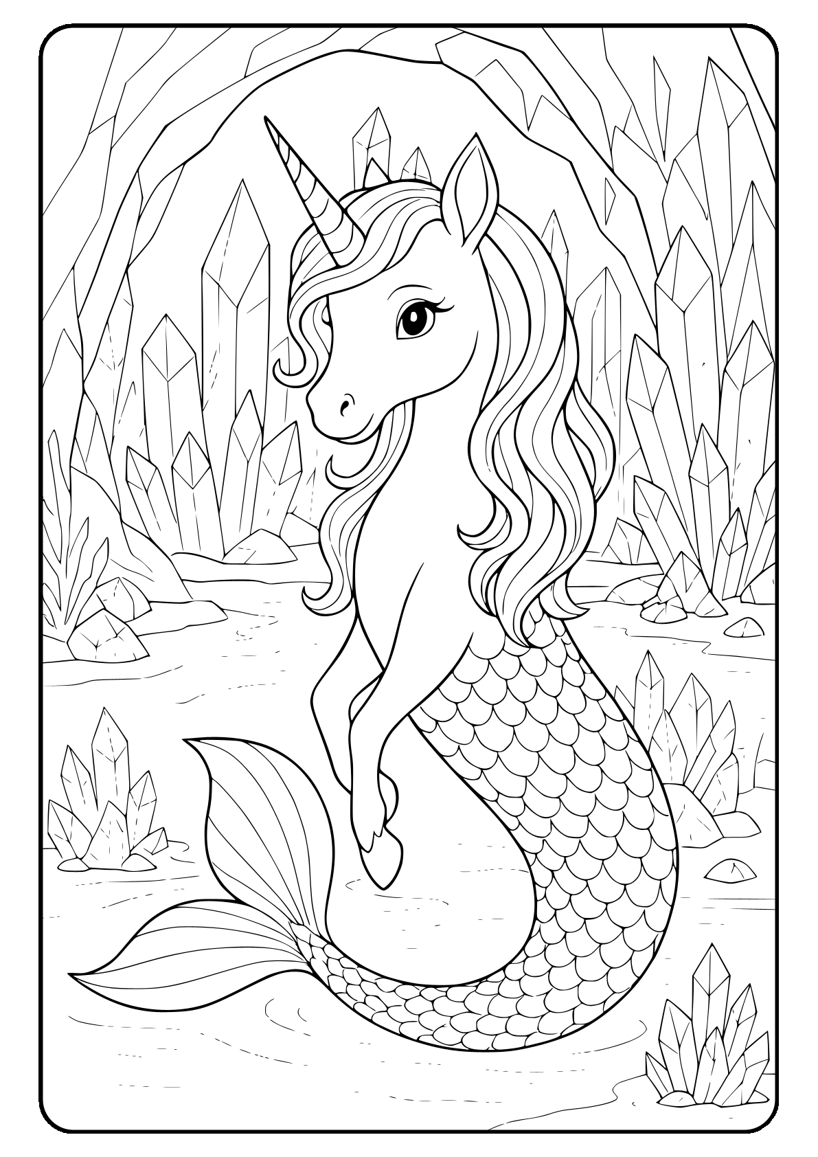 unicorn mermaid crystal cave coloring sheet Mermaid unicorn coloring page with crystal cave background.