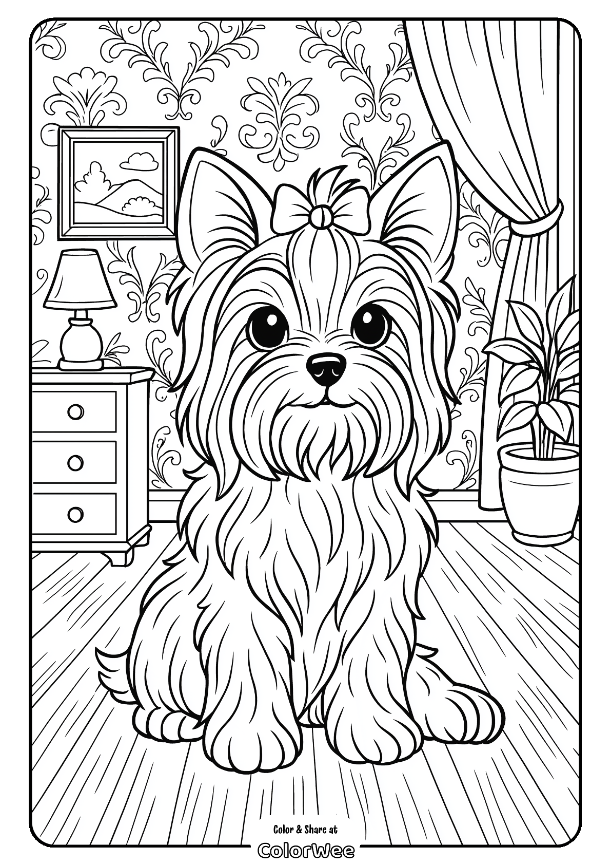 Cute Yorkshire Terrier coloring page in a cozy room setting.