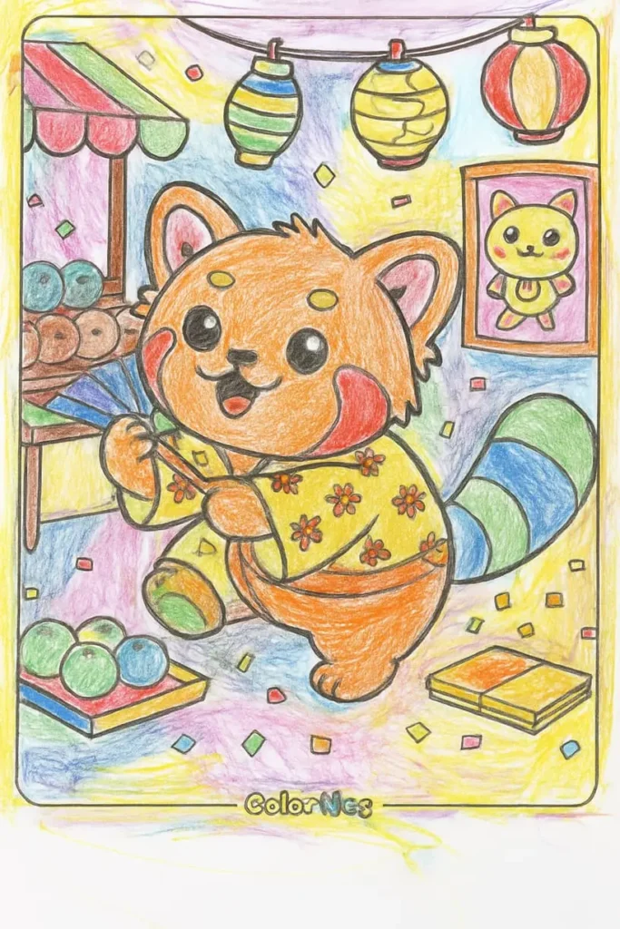 10 year old coloring Cute raccoon in traditional attire with lanterns and decorations.