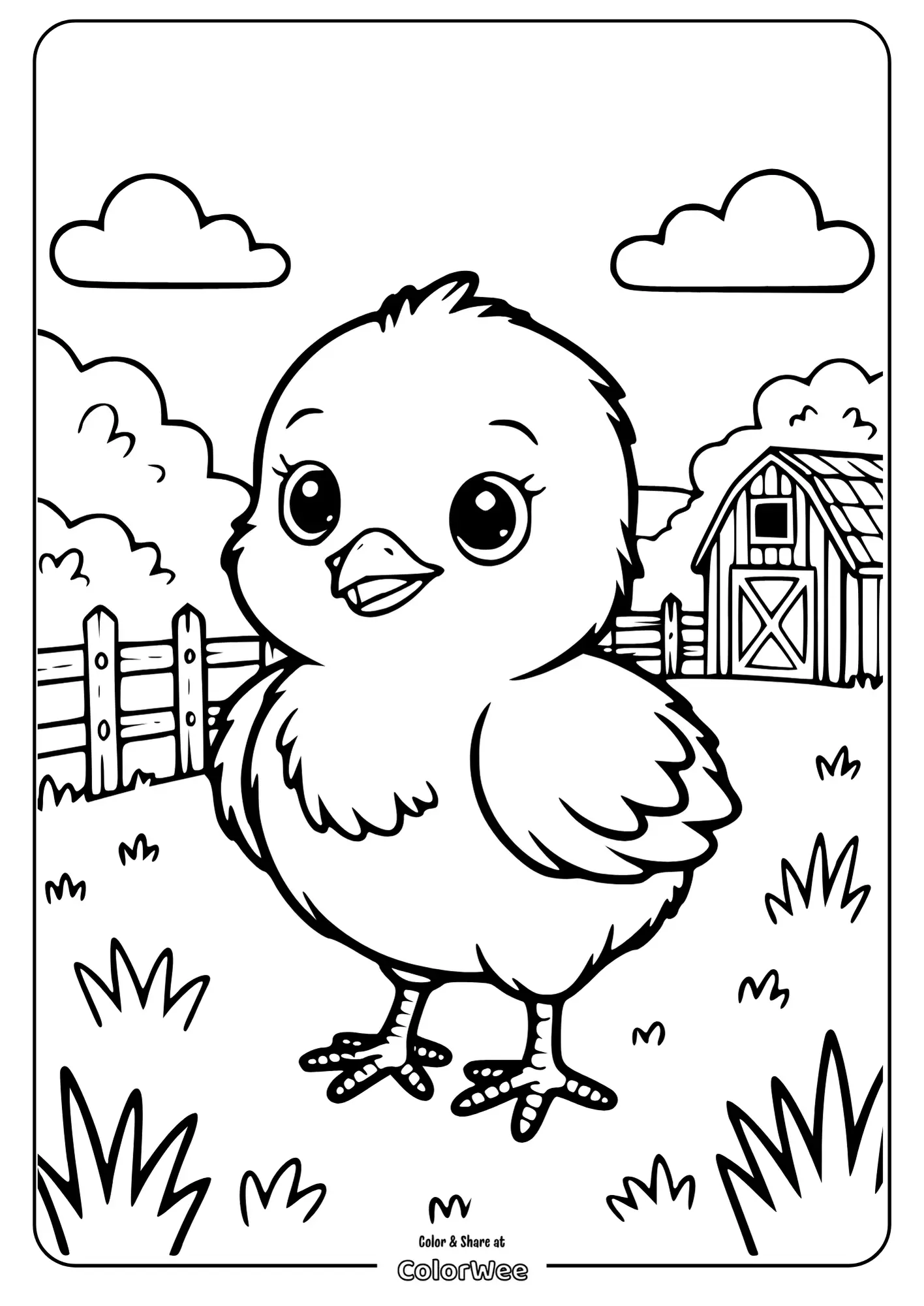 Baby chick farm coloring page 1 Cute chick coloring page with a barnyard background.
