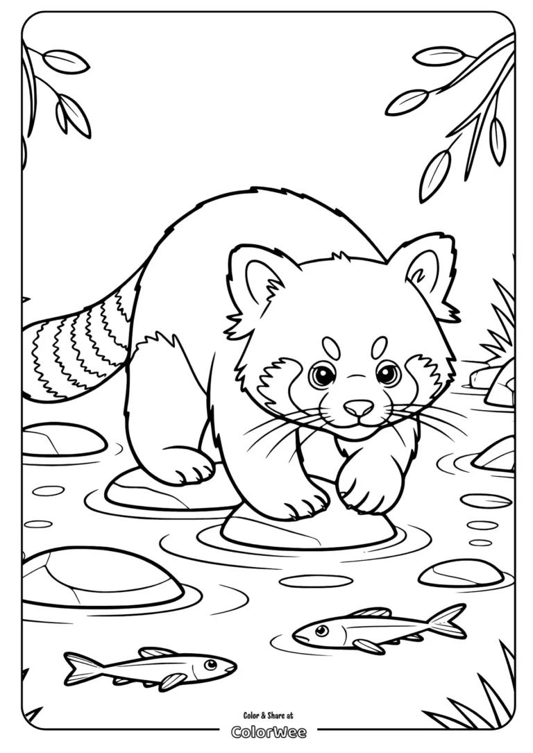 Red panda coloring page with fish and nature scene.