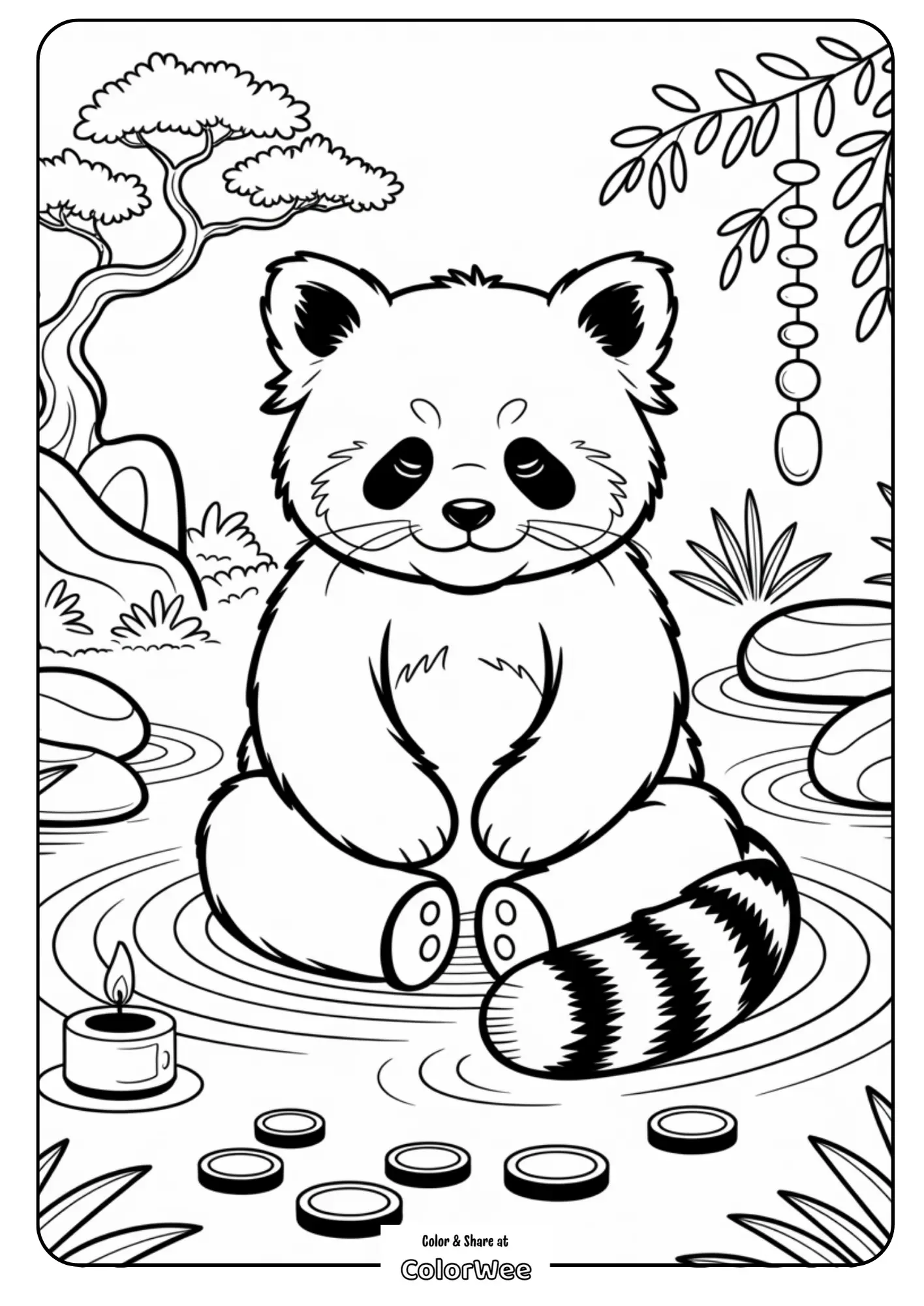 Big Red Panda Meditating in a Zen Garden 2 Cute raccoon coloring page with zen garden theme.