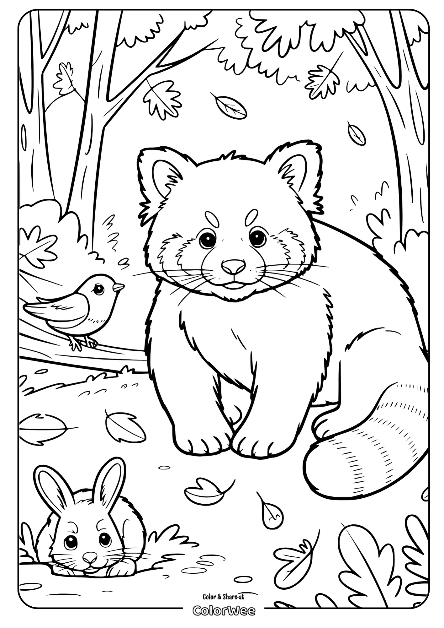 Big Red Panda Playing in Falling Autumn Leaves 2 Cute animal coloring page with red panda, bird, and rabbit.