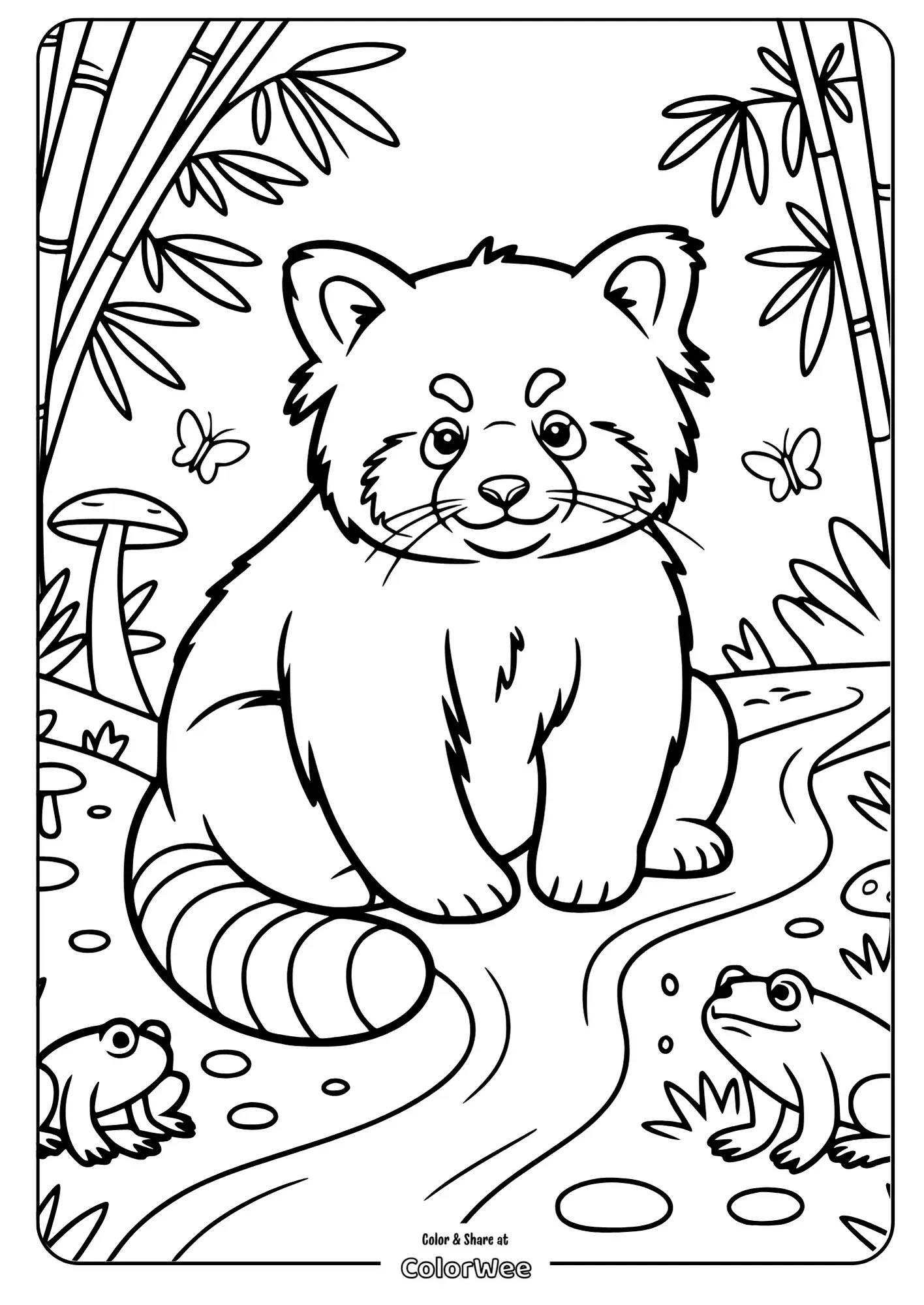 Big Red Panda in a Bamboo Forest Walk 2 Cute red panda coloring page with frogs, butterflies, bamboo.