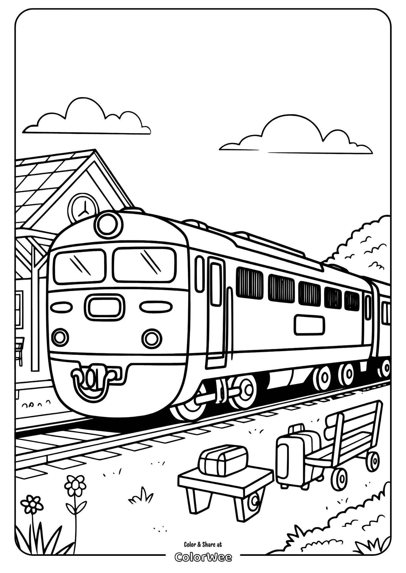 Diesel Train at the Station Train at a station coloring page with luggage and nature.