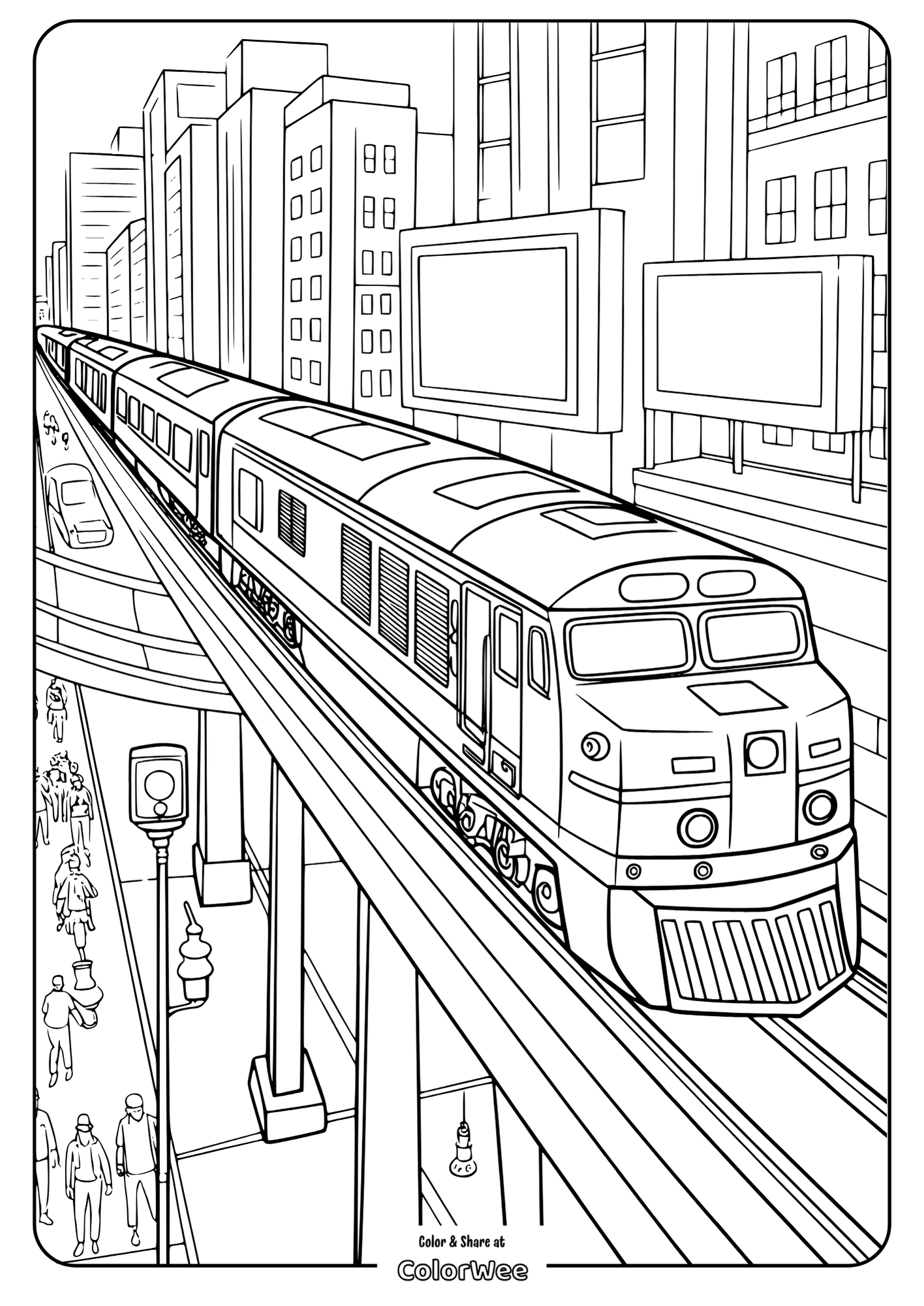 Diesel Train in Cityscape Urban train on elevated tracks coloring page.
