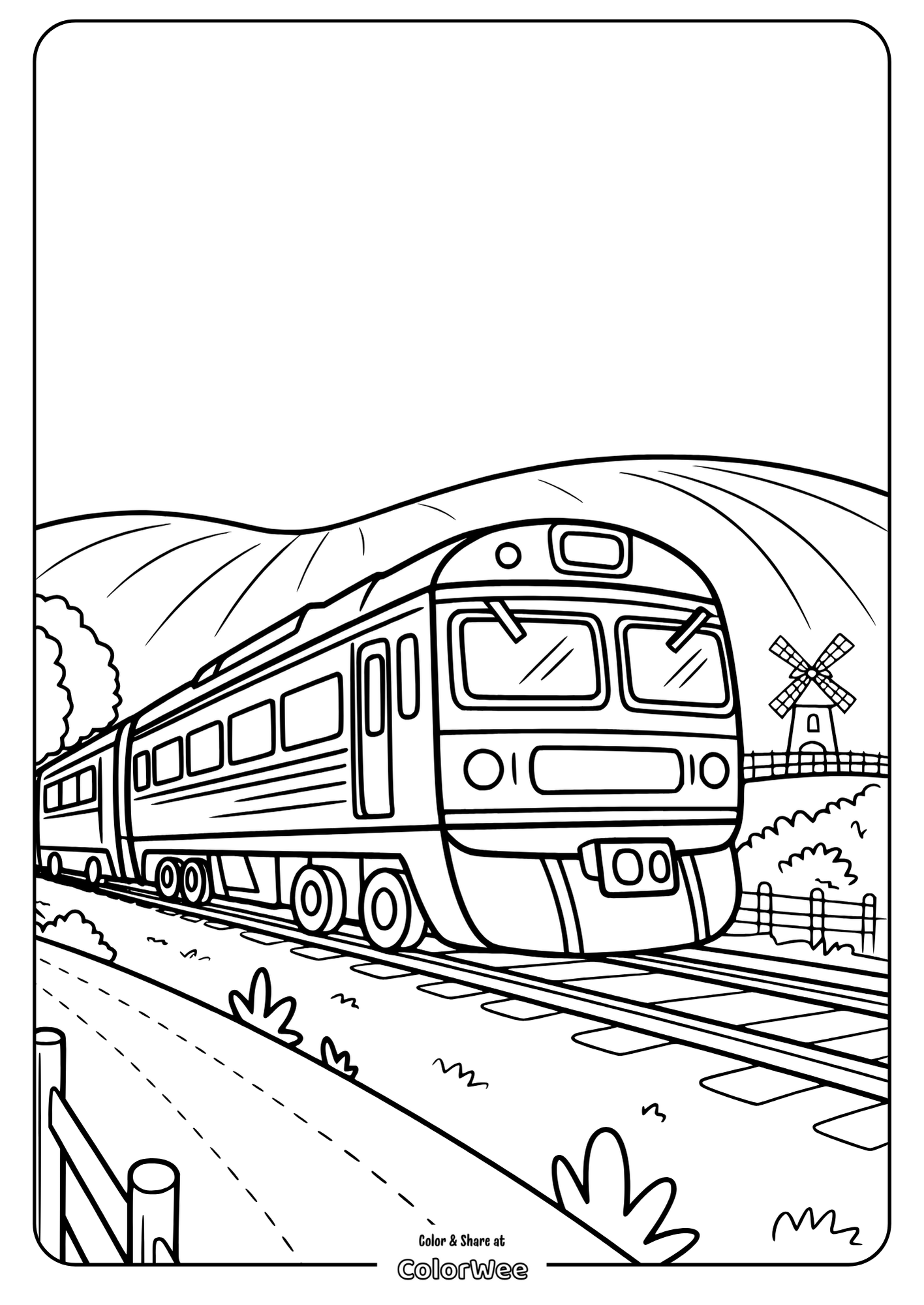 Diesel Train in Countryside Train coloring page with scenic landscape and windmill.