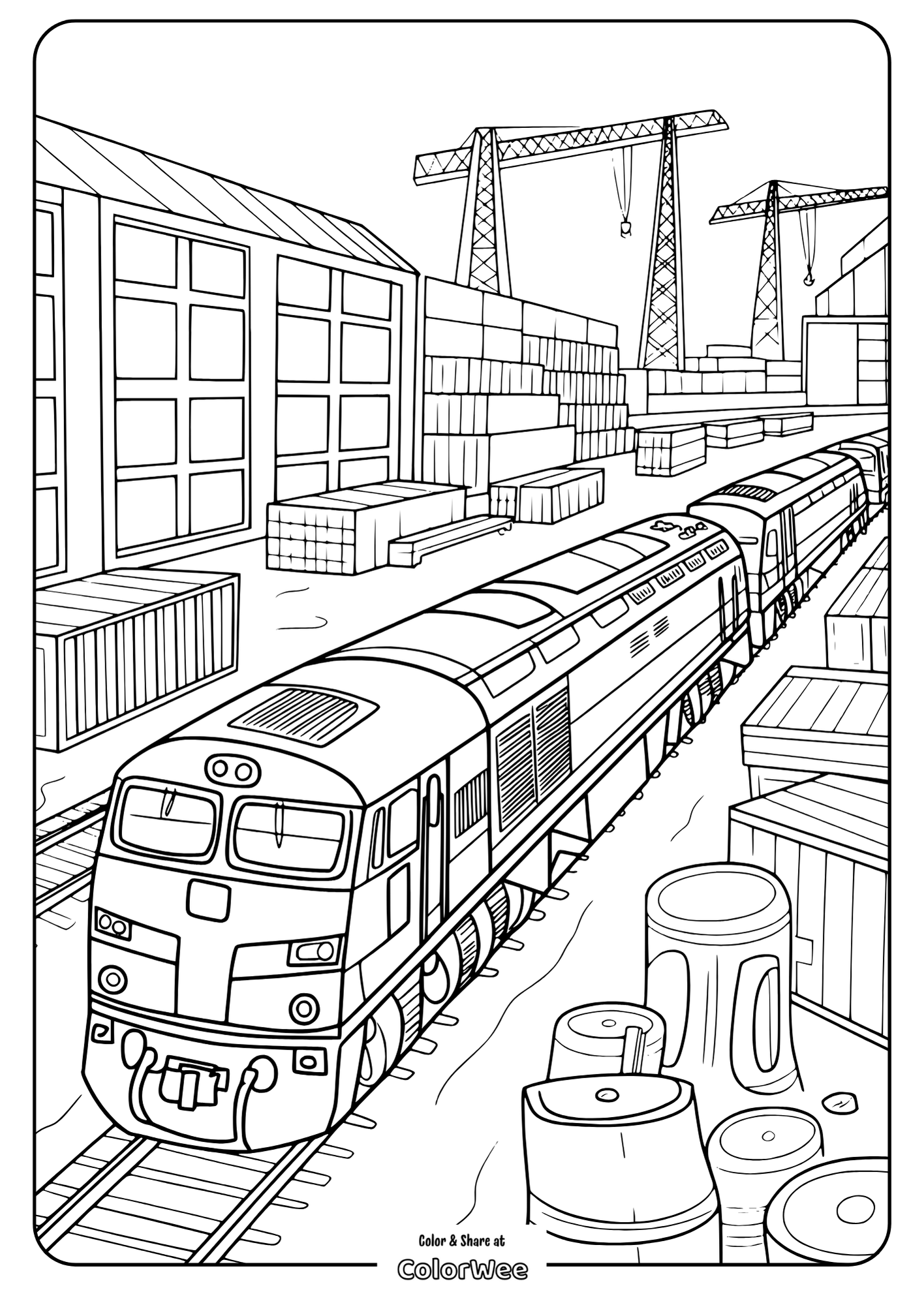 Diesel Train in Industrial Yard Train coloring page with warehouse and cranes in background.