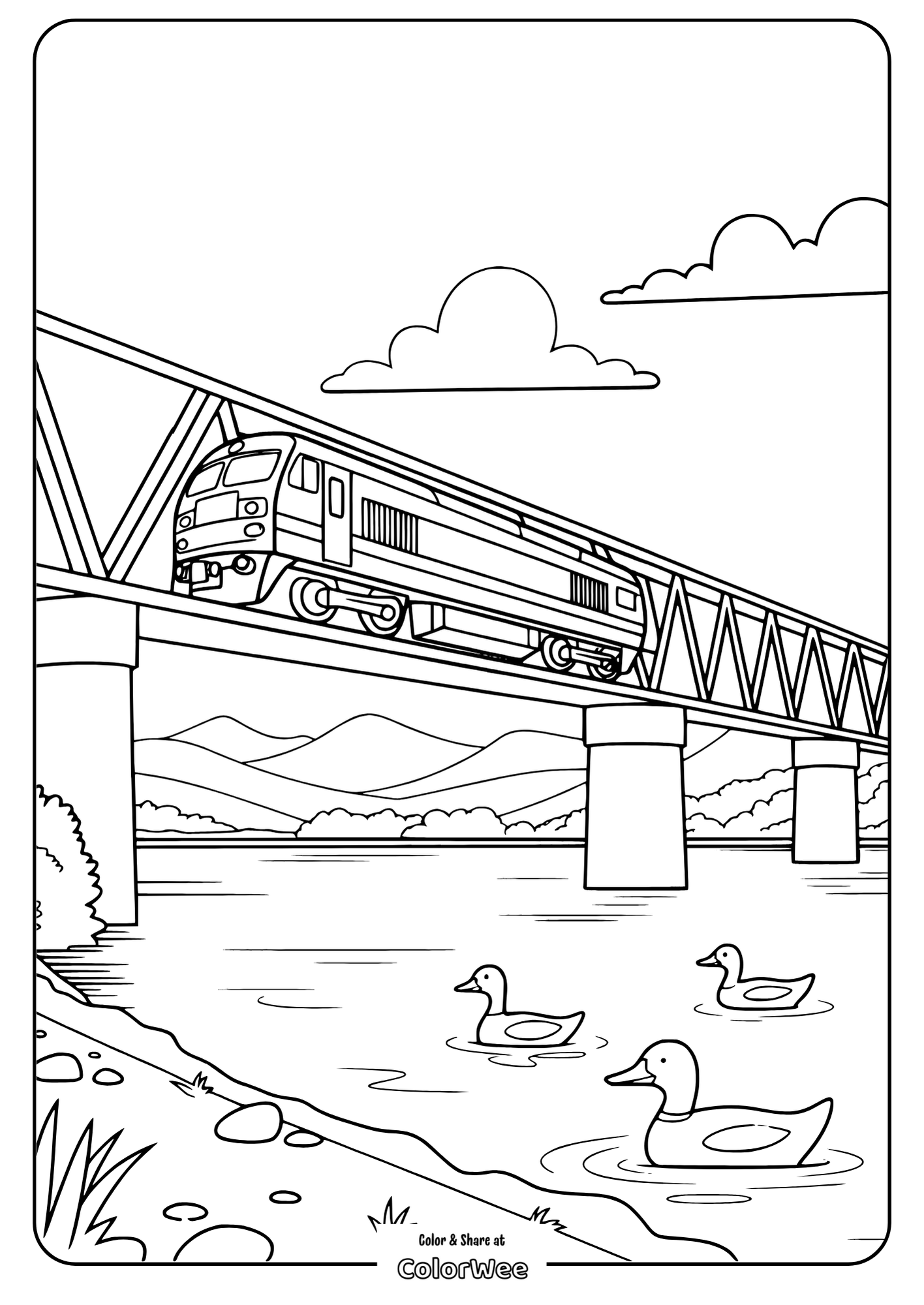 Diesel Train on a Bridge Train on bridge over river with ducks, mountains, and clouds coloring page.