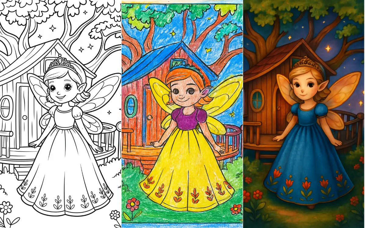 Fairy coloring page with wings and a treehouse background.
