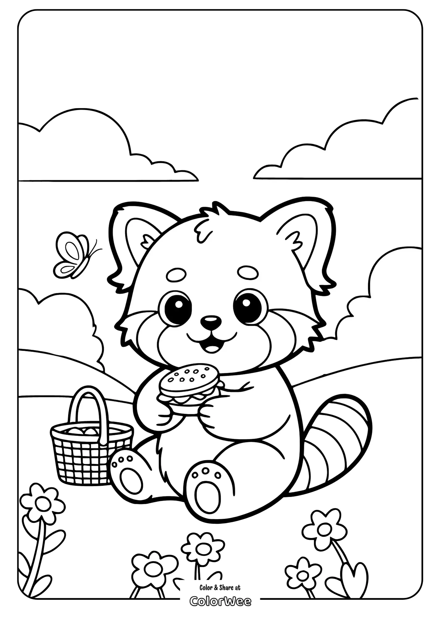Kawaii Red Panda Picnic on a Flower Field 2 Cute red panda picnic coloring page with sandwich and butterfly.
