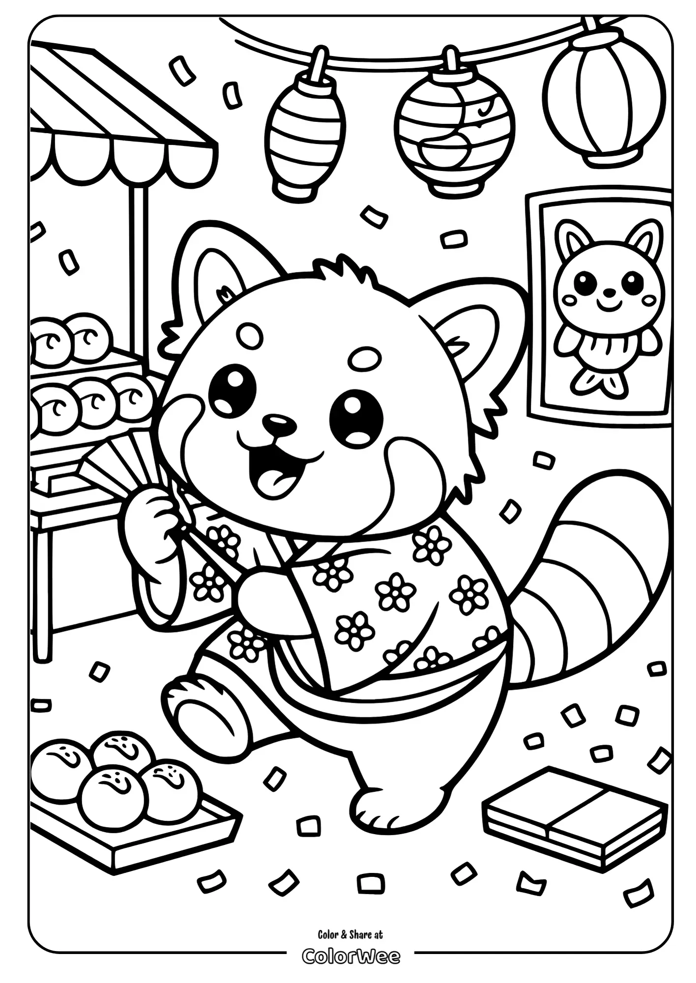 Kawaii Red Panda at the Japanese Night Market 2 Cute panda coloring page at festive market with lanterns