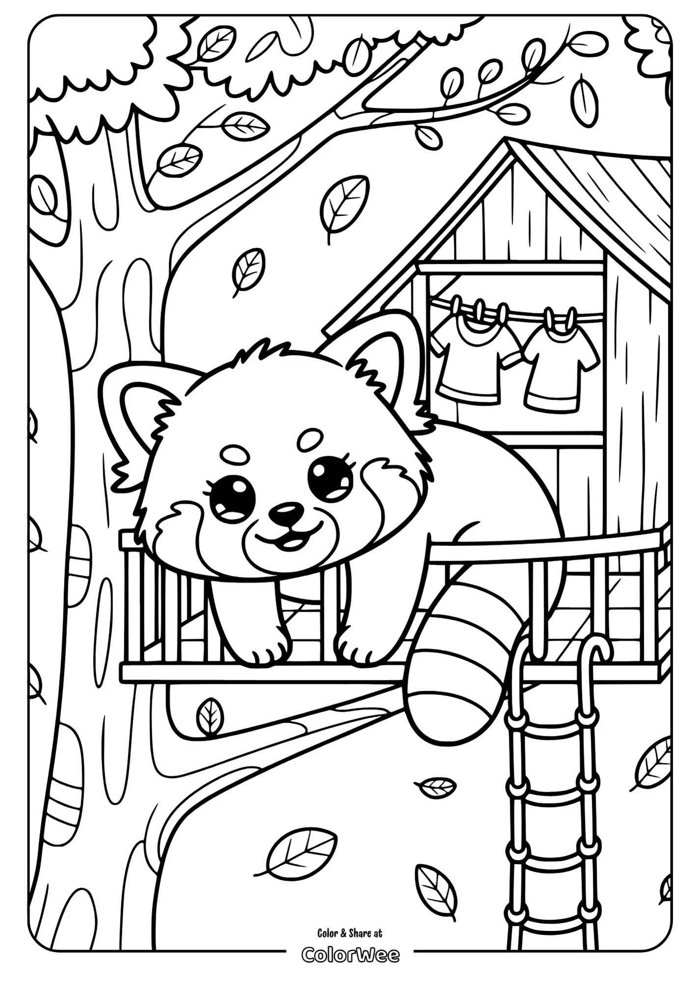 Kawaii Red Panda in a Treehouse Afternoon 2 Cute red panda in treehouse coloring page.