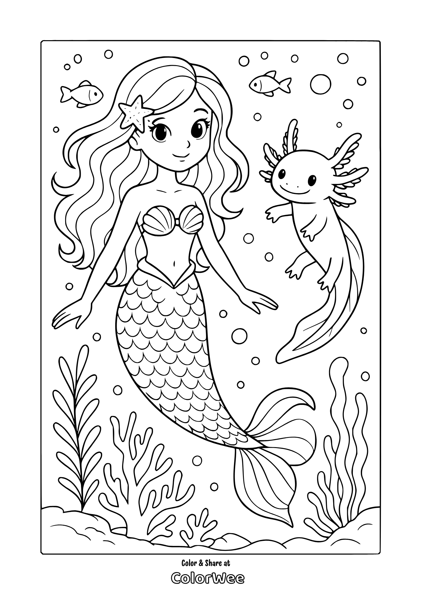Mermaid and axolotl coloring page with ocean theme