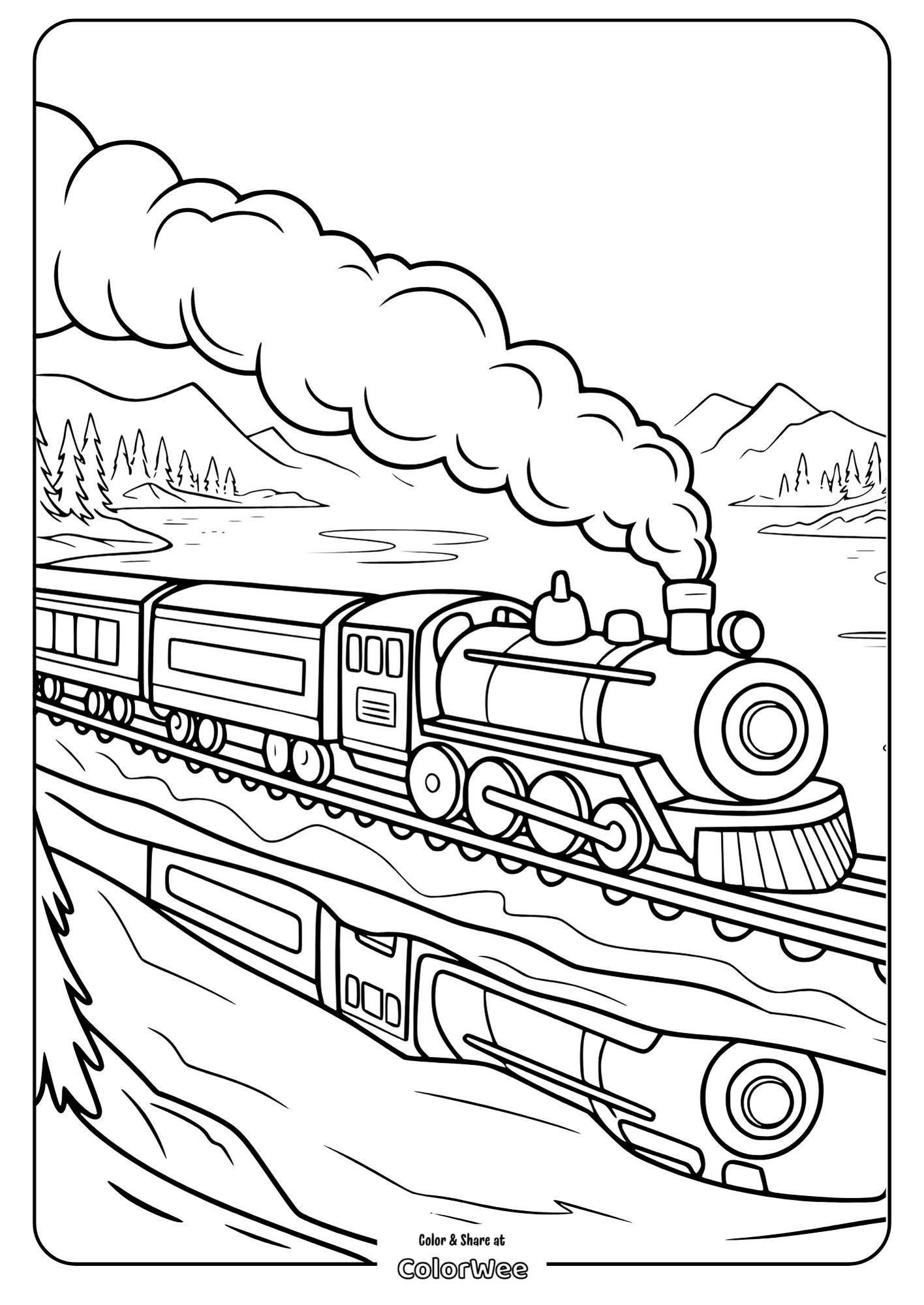 Polar Express Train Crossing a Frozen Lake Train coloring page with mountains and trees in background.