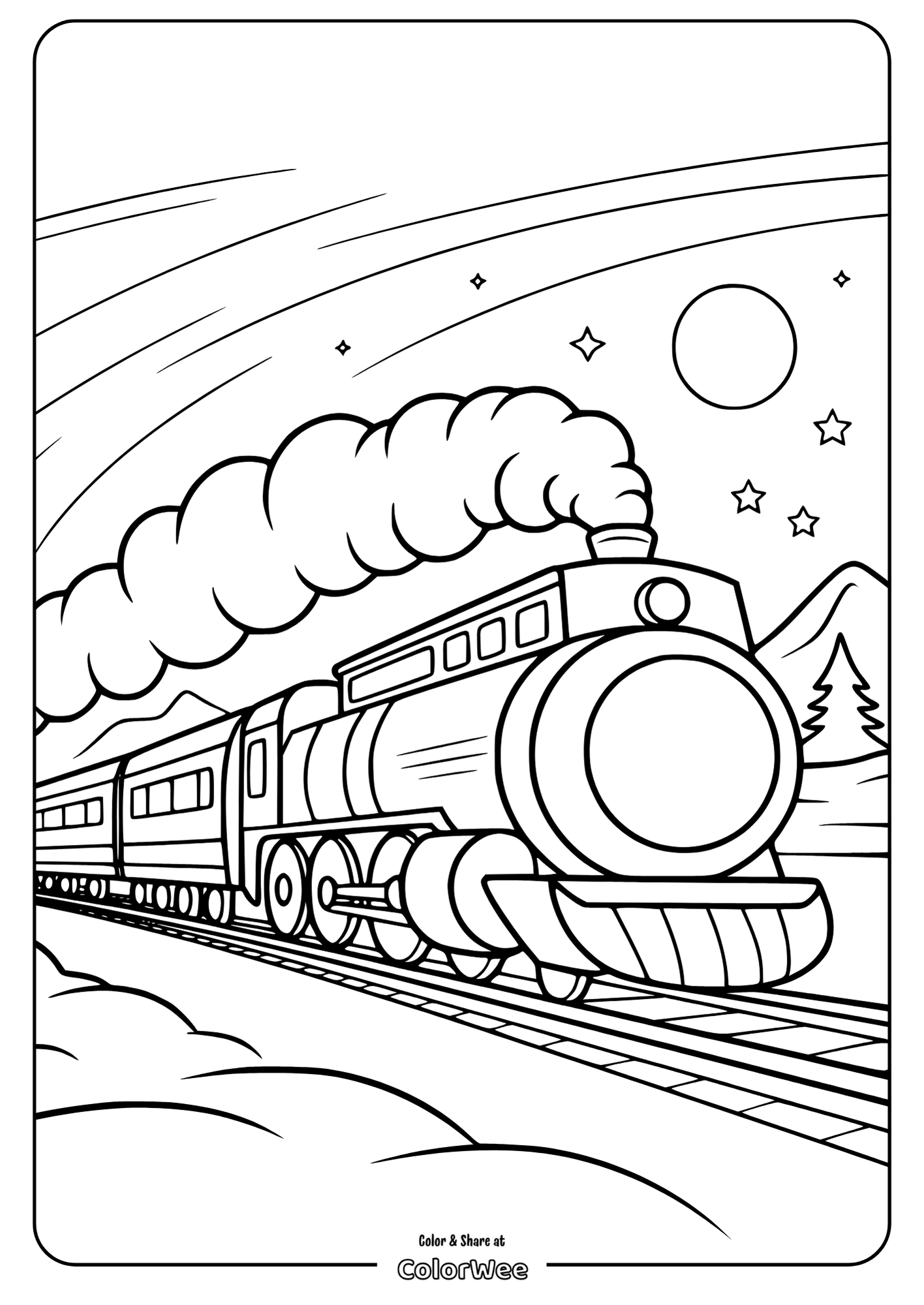 Polar Express Train Under Northern Lights Coloring page of a steam train under moonlit sky with stars.