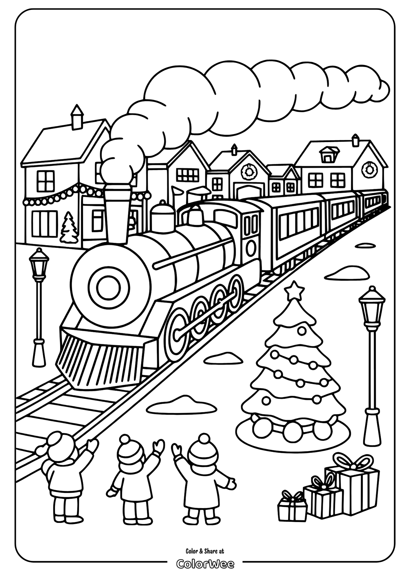 Polar Express Train at a Small Town Square Train, Christmas tree, and kids waving in a festive winter scene coloring page.