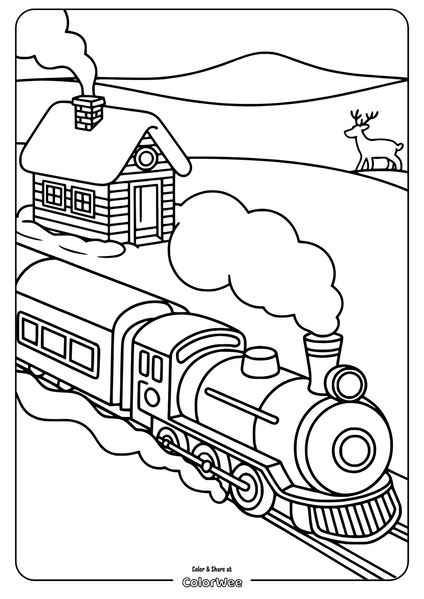 Polar Express Train by a Cabin Train and cabin winter scene coloring page for kids.