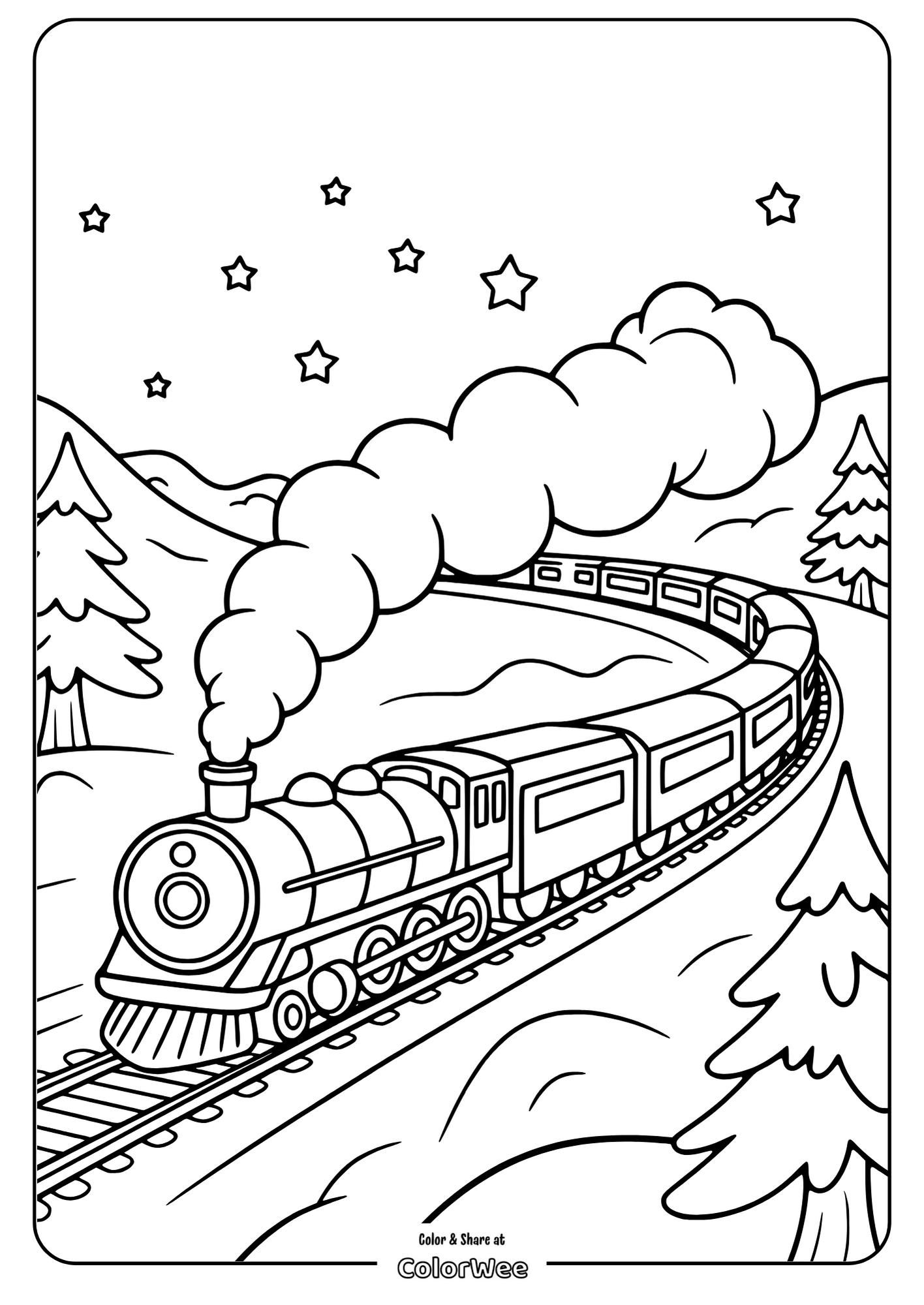 Polar Express Train on Snowy Track Steam train coloring page with mountains and stars for kids.