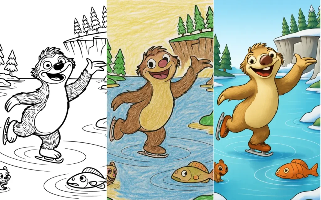 Cartoon sloth ice skating in different coloring stages