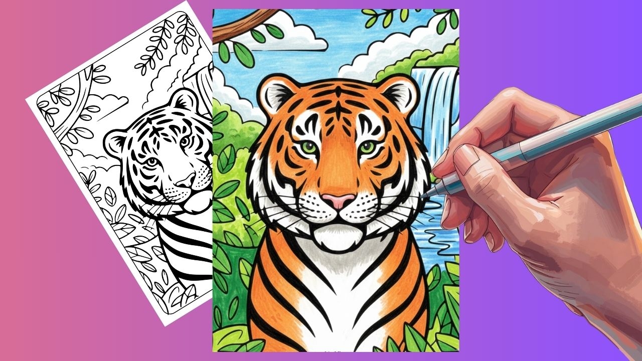 Tiger Coloring Pages Tiger coloring page being filled with vibrant colors.