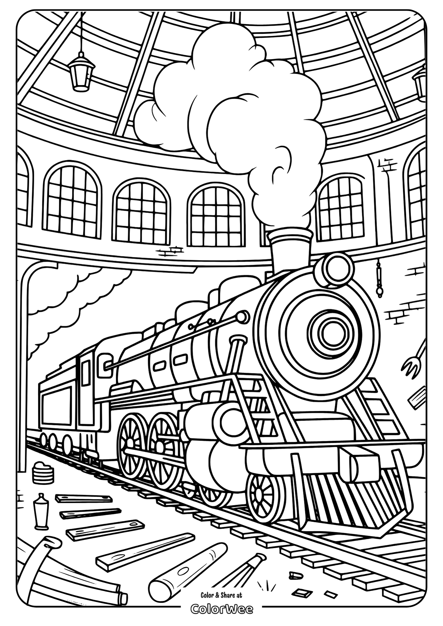 Train Engine Inside a Roundhouse Steam train in roundhouse coloring page for kids.