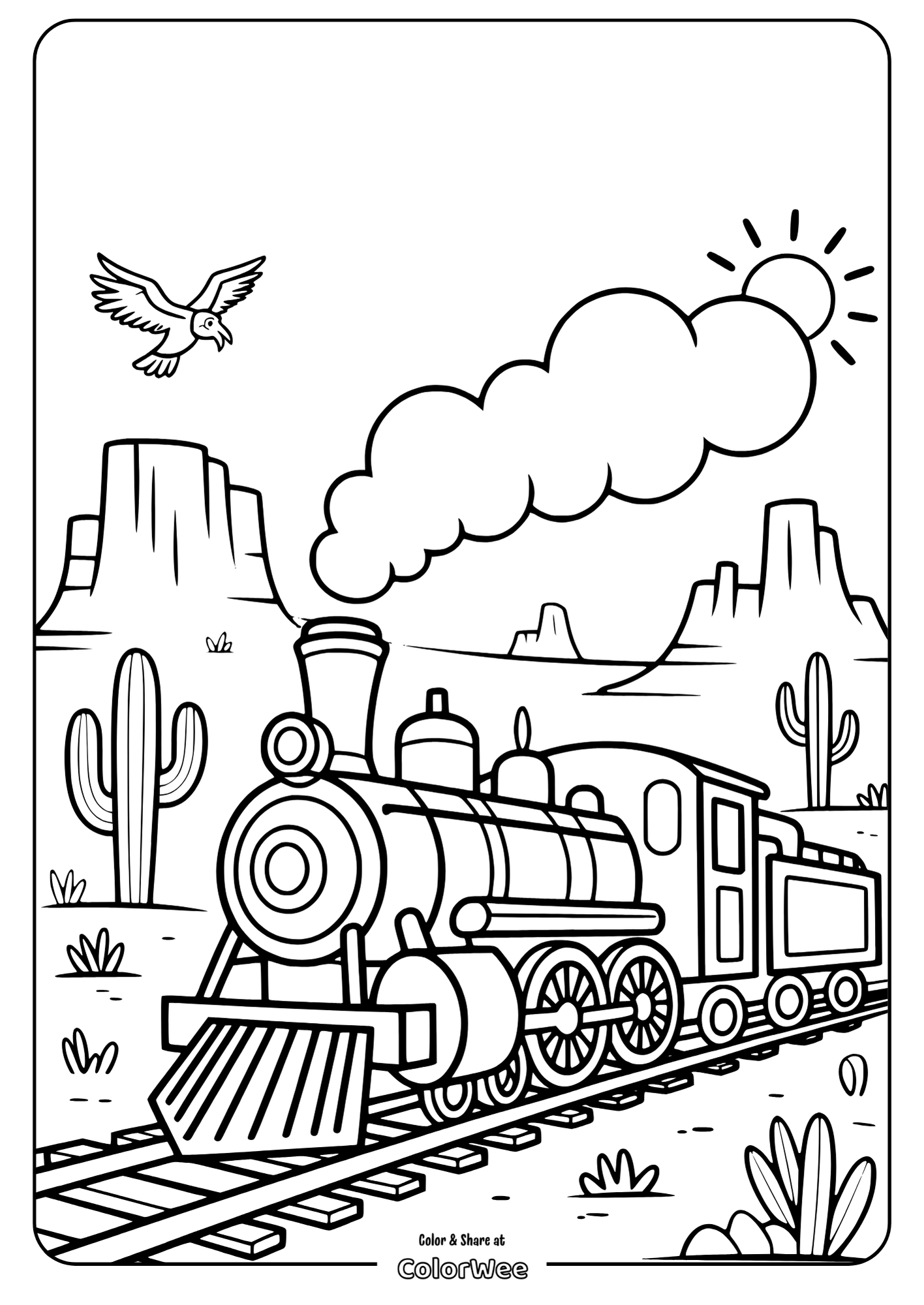 Train Engine in Desert Train coloring page with desert landscape and mountains.