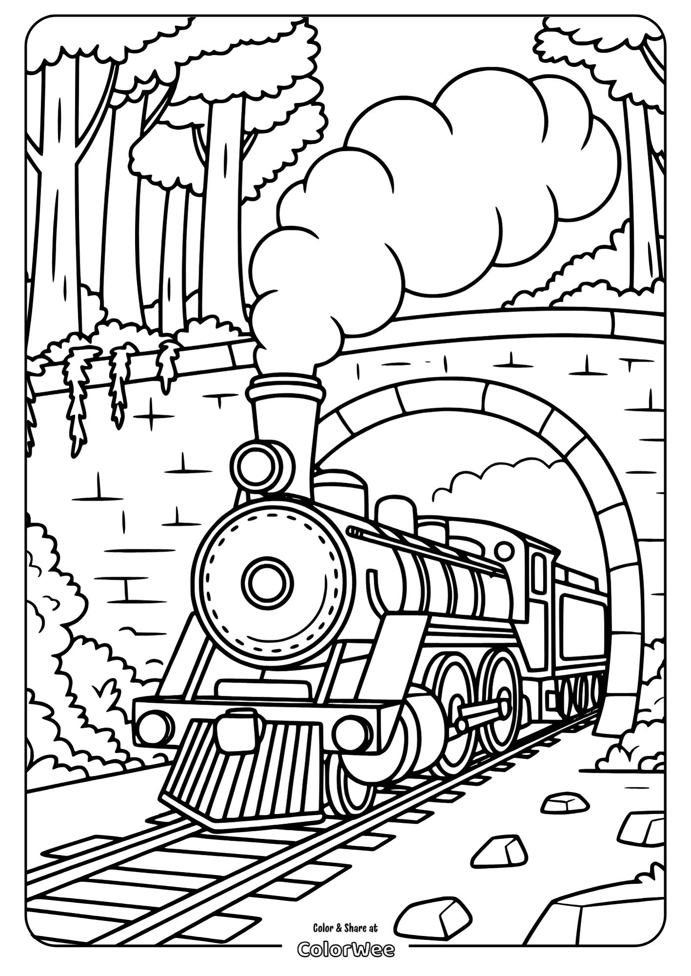 Train Engine in Forest Tunnel Train coloring page for kids with tunnel and forest scenery.