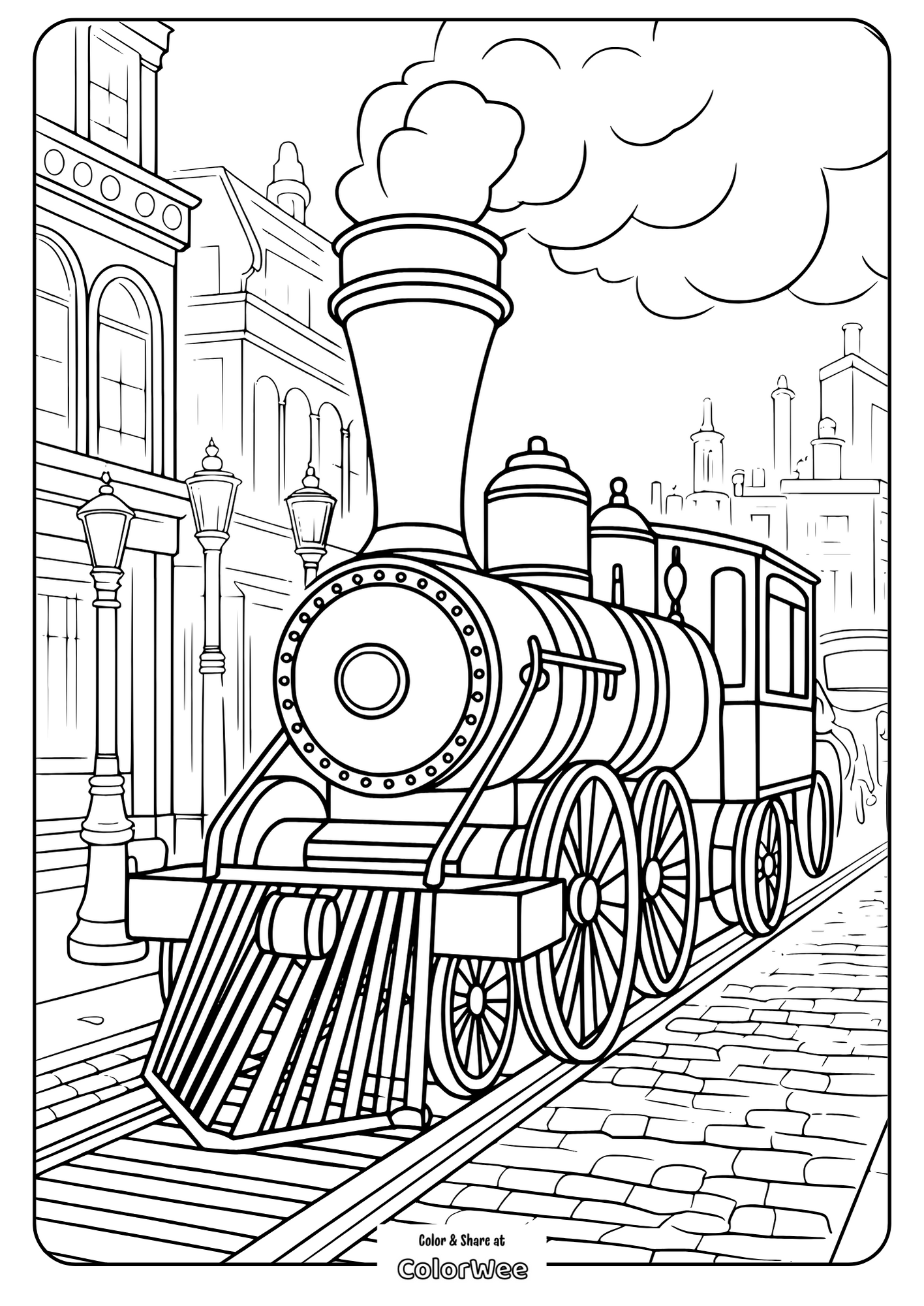 Train Engine in a Victorian City Coloring page of a vintage steam train on a cobblestone street.