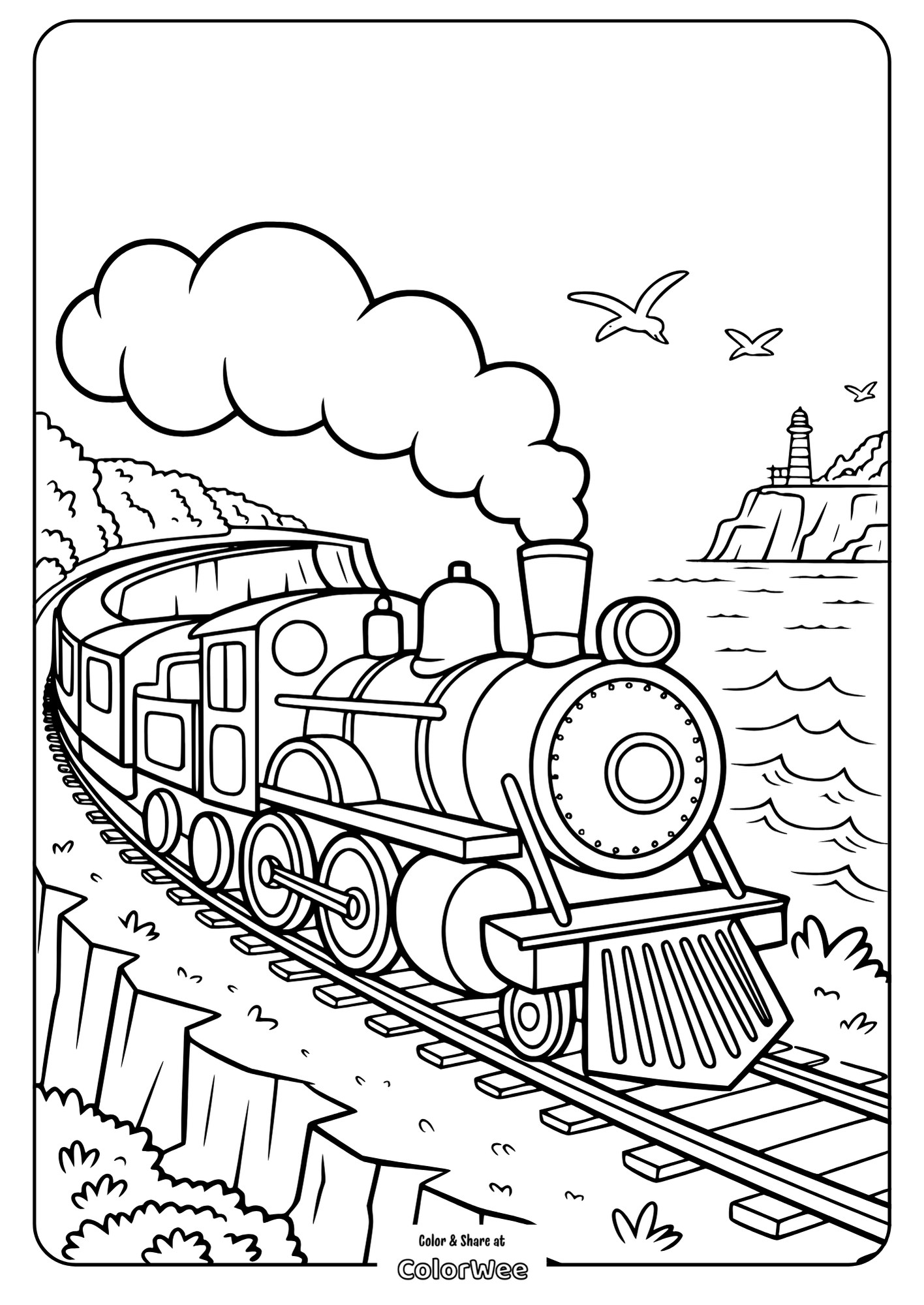 Train Engine on a Coastal Cliff Train coloring page with seaside, birds, and lighthouse background.