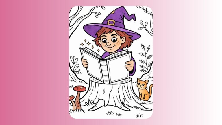 Young witch reading a book with cat and nature background, coloring page.