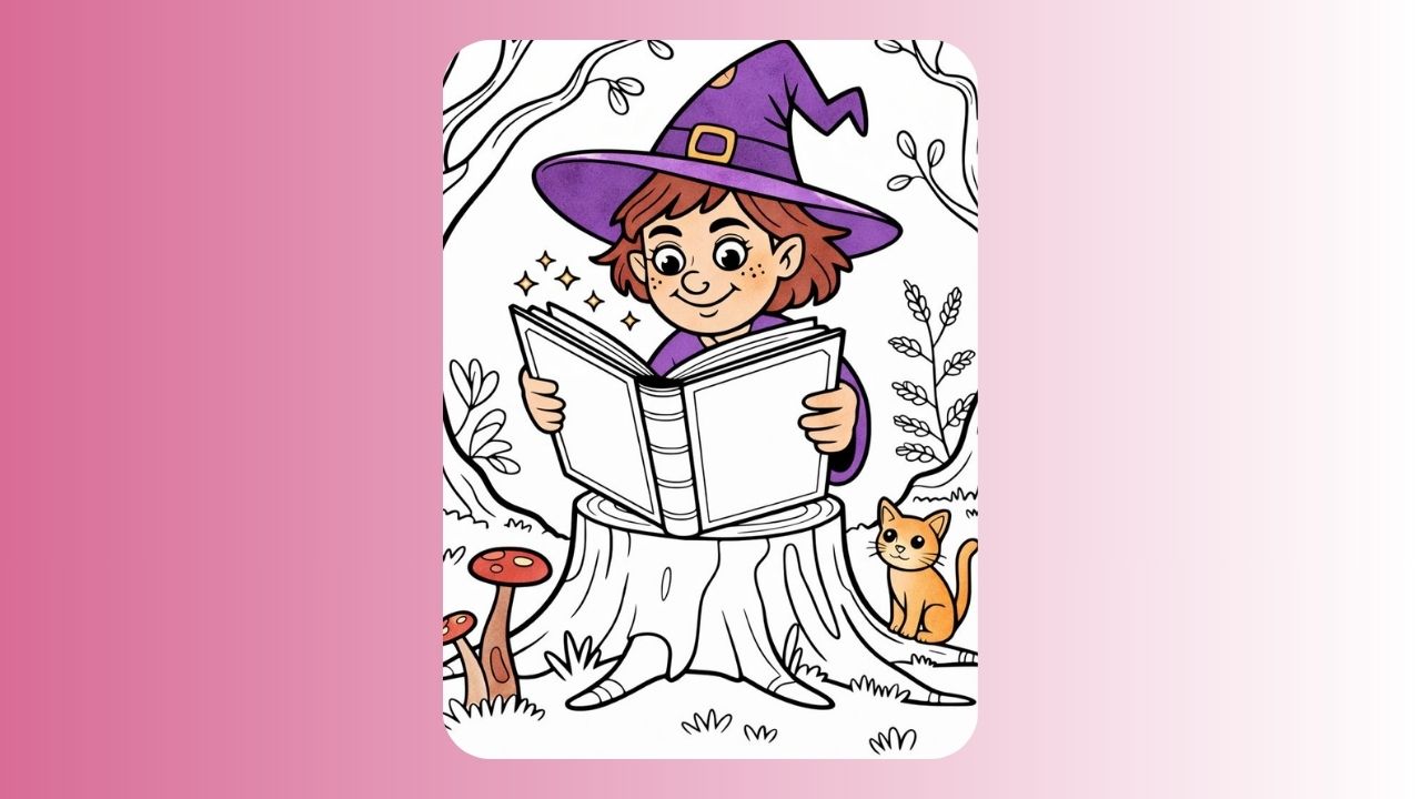Young witch reading a book with cat and nature background, coloring page.