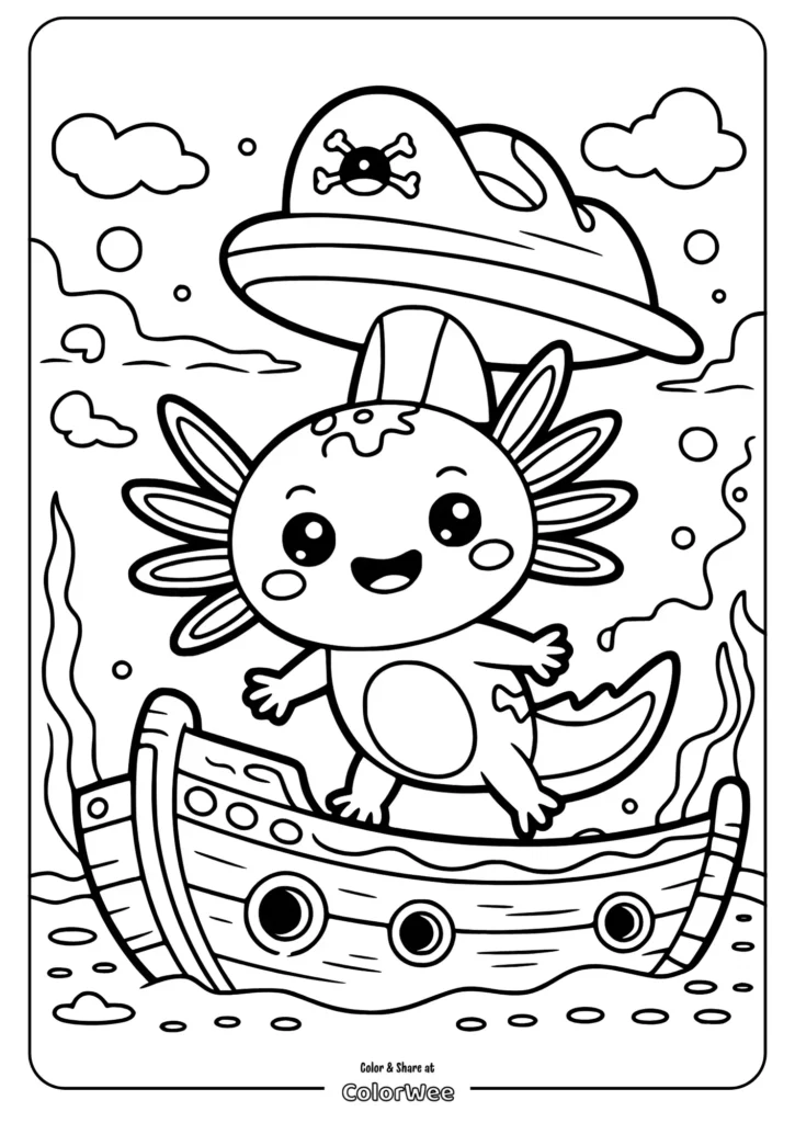 adventurous axolotl exploring a sunken Cute axolotl coloring page with pirate hat and sunken ship.
