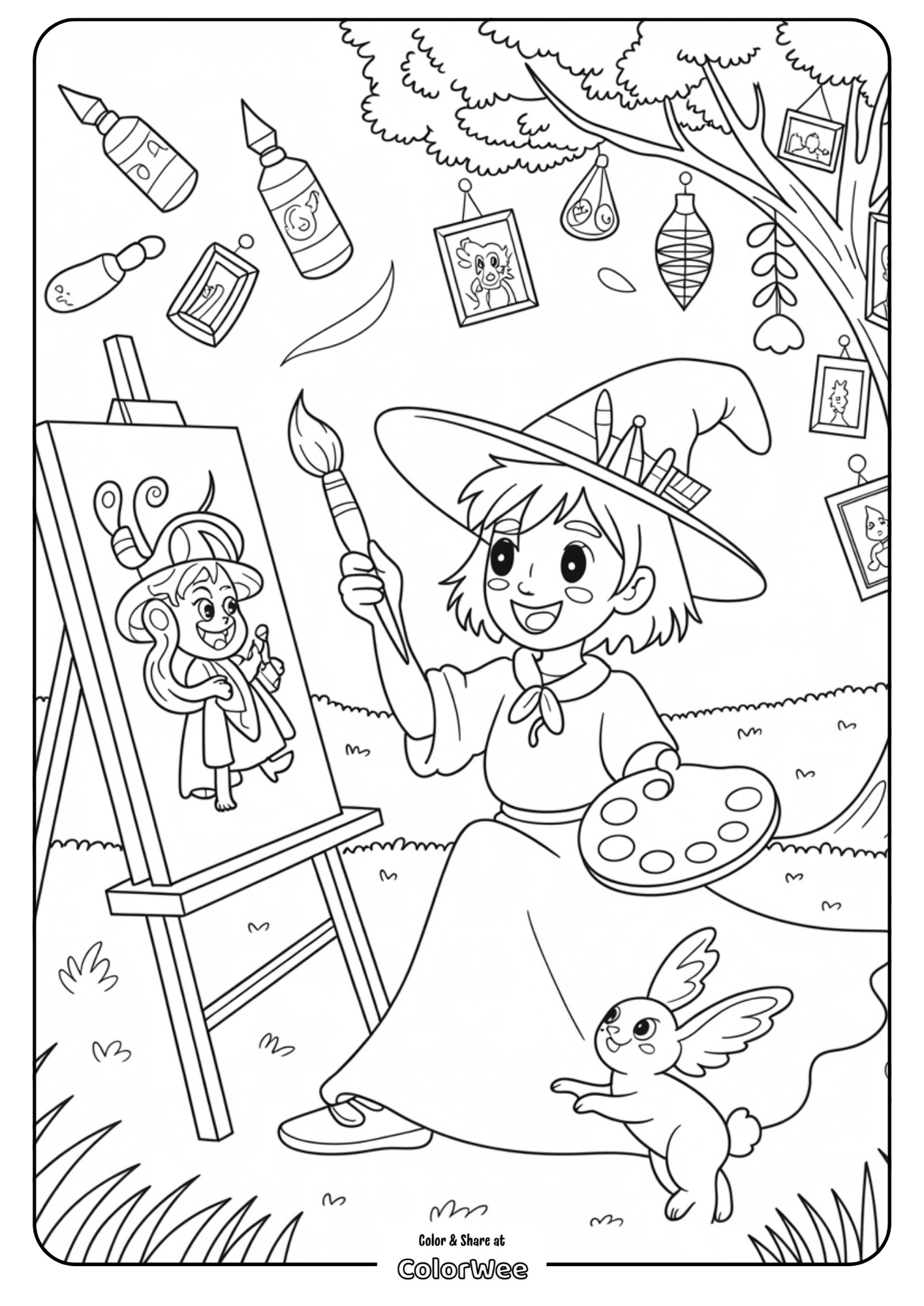 Witch painting in garden with flying bunny coloring page.