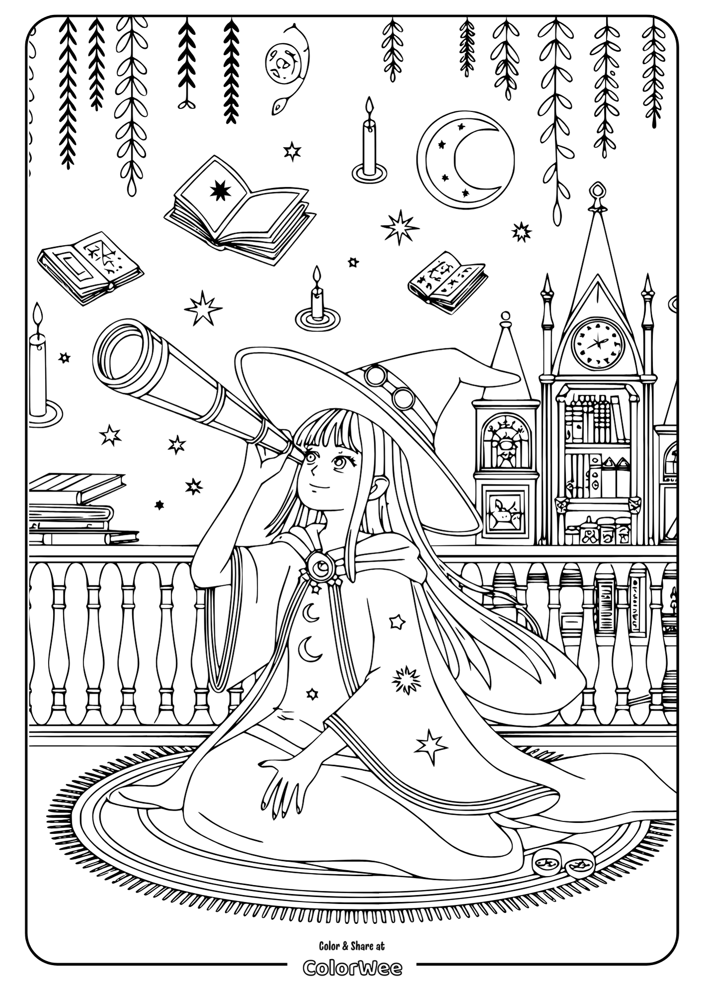 Young witch stargazing with telescope, surrounded by magical books.