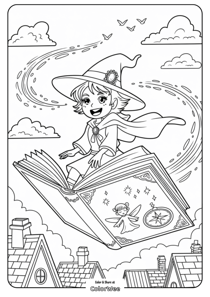 anime witch floating coloring page 1 Young witch flying on a magic book over rooftops.