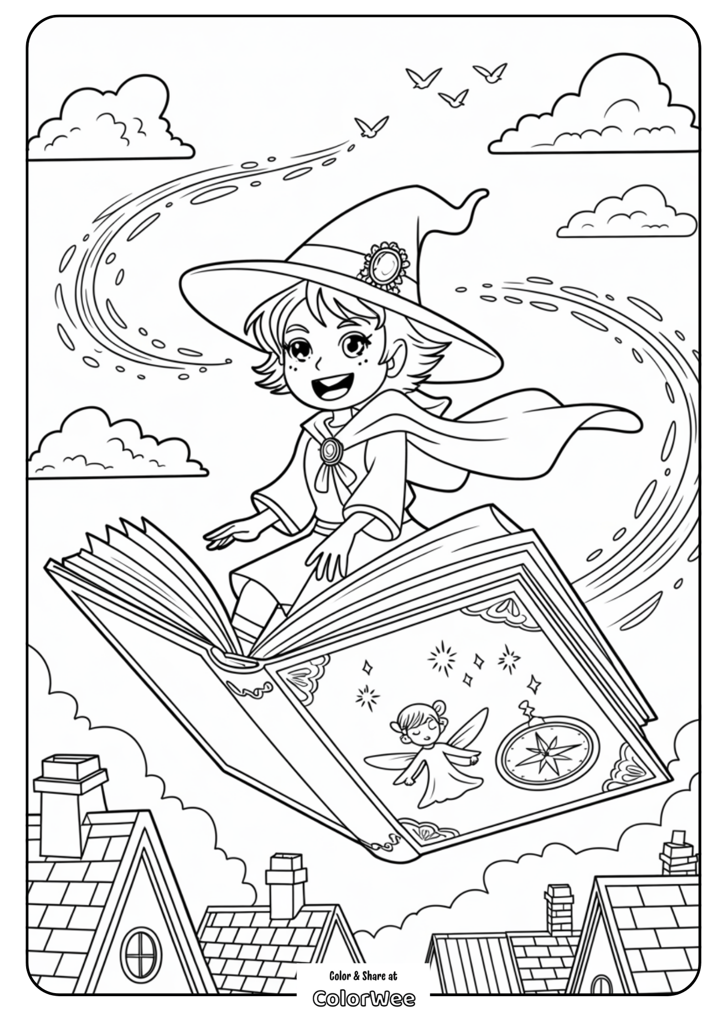 Young witch flying on a magic book over rooftops.