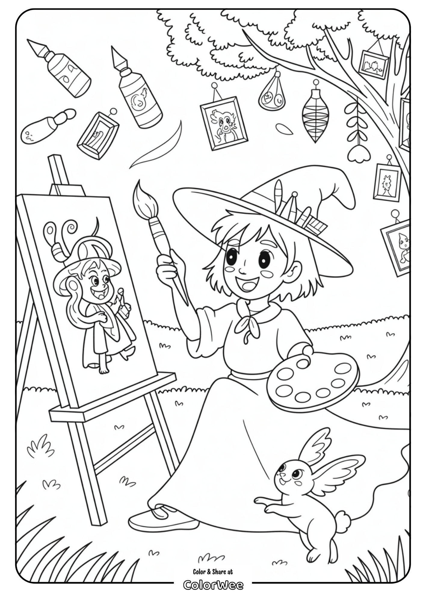 anime witch painting coloring page 1 Witch painting in garden with flying bunny coloring page.