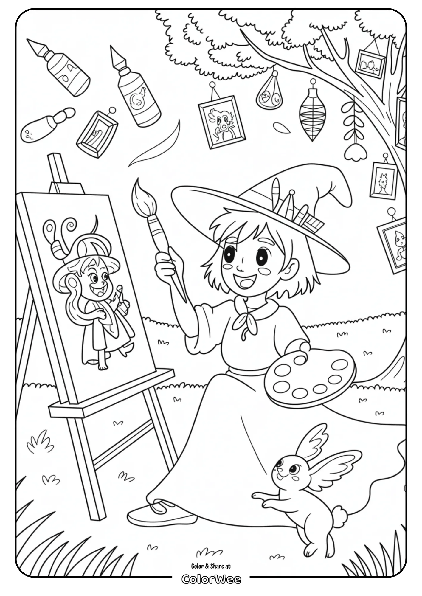 Witch painting in garden with flying bunny coloring page.